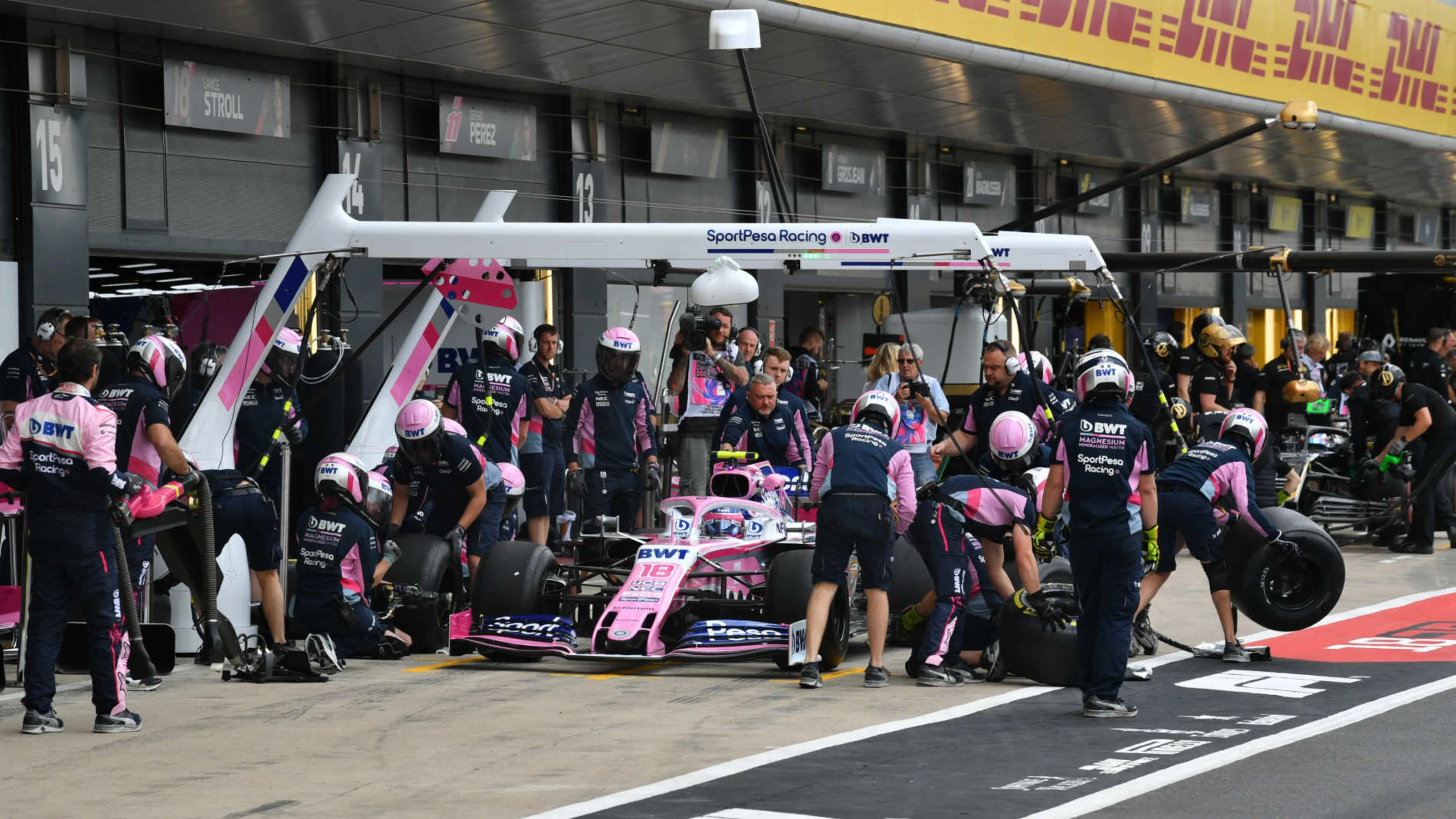 SILVERSTONE, UNITED KINGDOM - JULY 12: Lance Stroll, Racing Point RP19, in the pits during practice