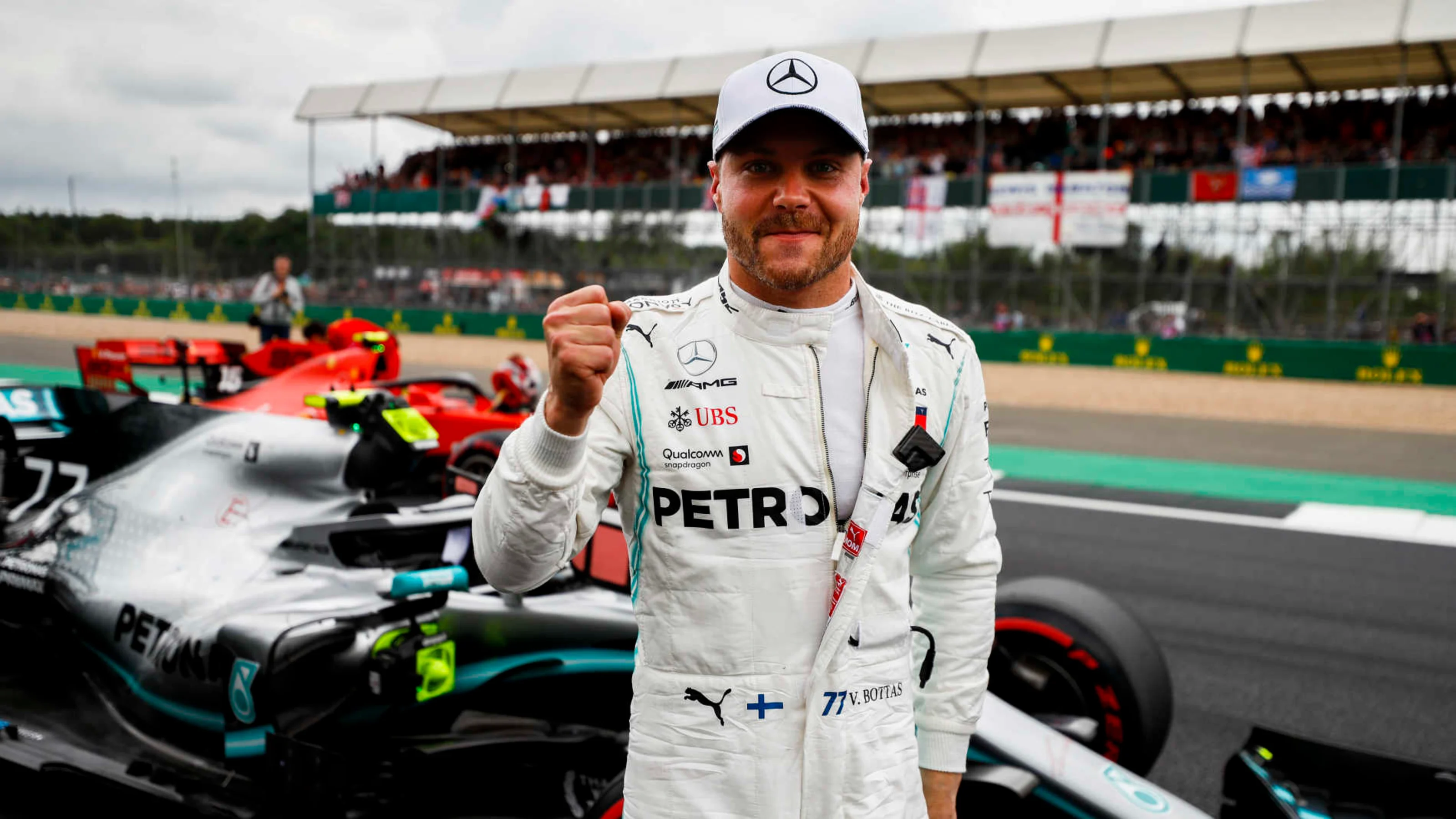 SILVERSTONE, UNITED KINGDOM - JULY 13: Pole man Valtteri Bottas, Mercedes AMG F1, celebrates after