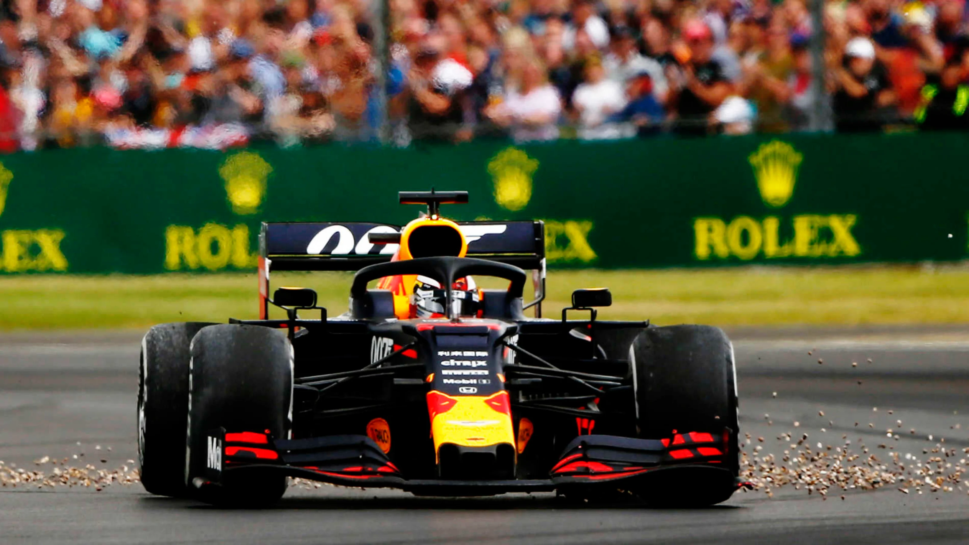SILVERSTONE, UNITED KINGDOM - JULY 14: Max Verstappen, Red Bull Racing RB15, spins after a crash