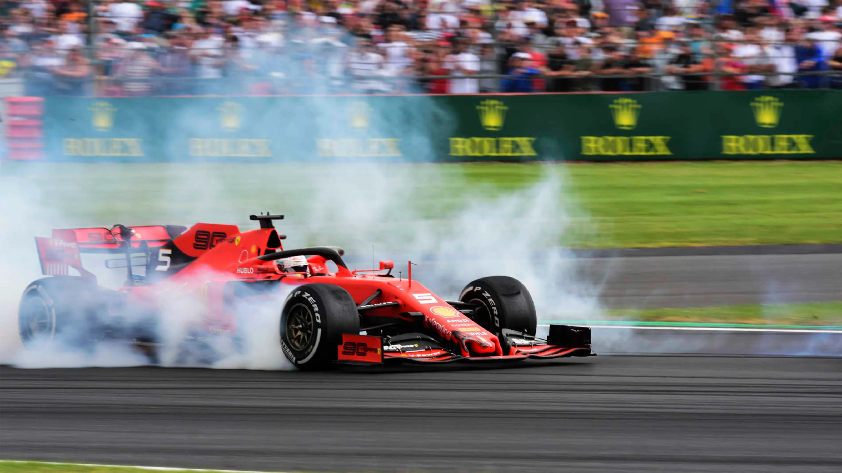 SILVERSTONE, UNITED KINGDOM - JULY 14: Sebastian Vettel, Ferrari SF90 running into the back of Max