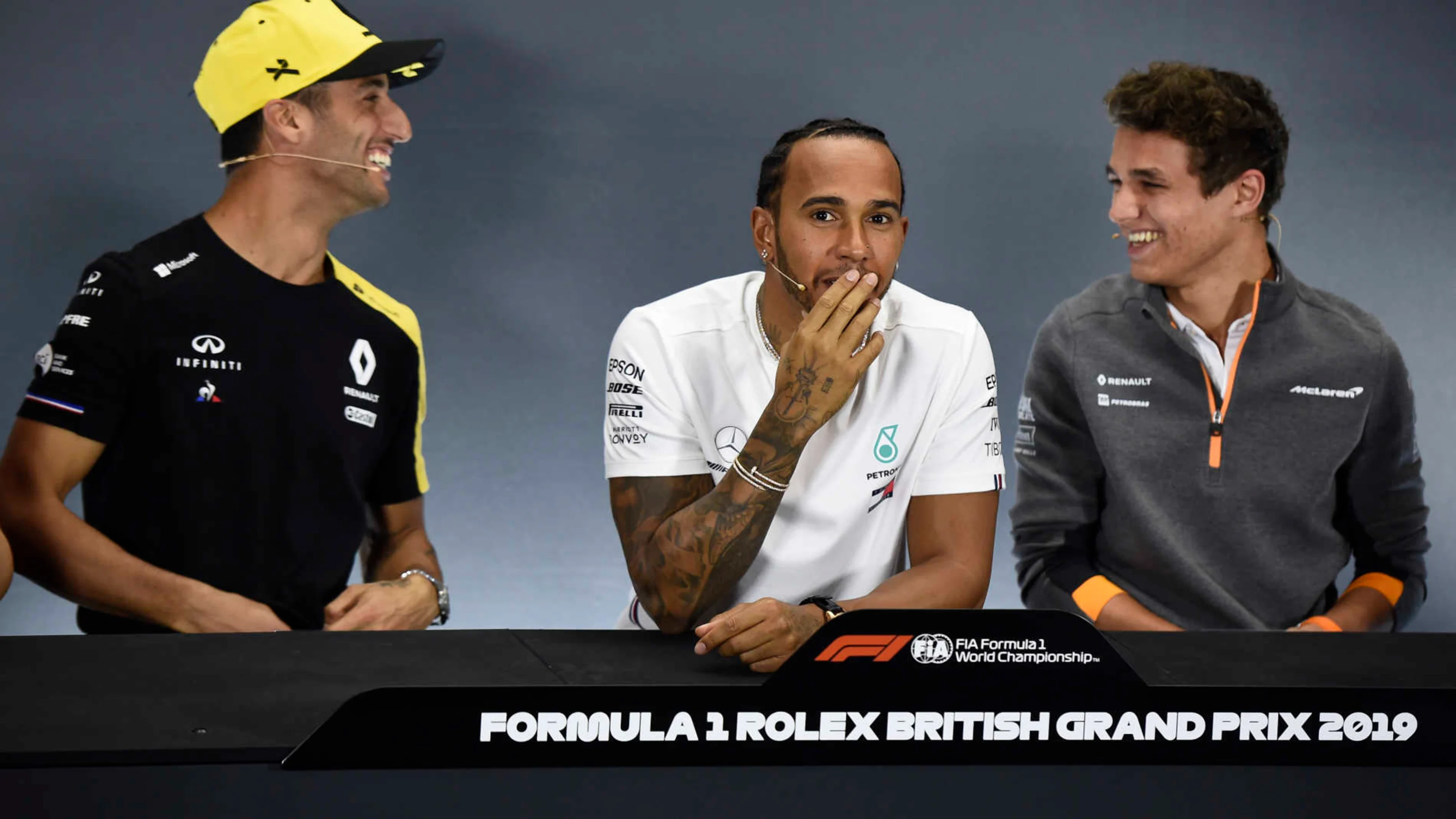 SILVERSTONE, UNITED KINGDOM - JULY 11: Daniel Ricciardo, Renault F1 Team, Lewis Hamilton, Mercedes