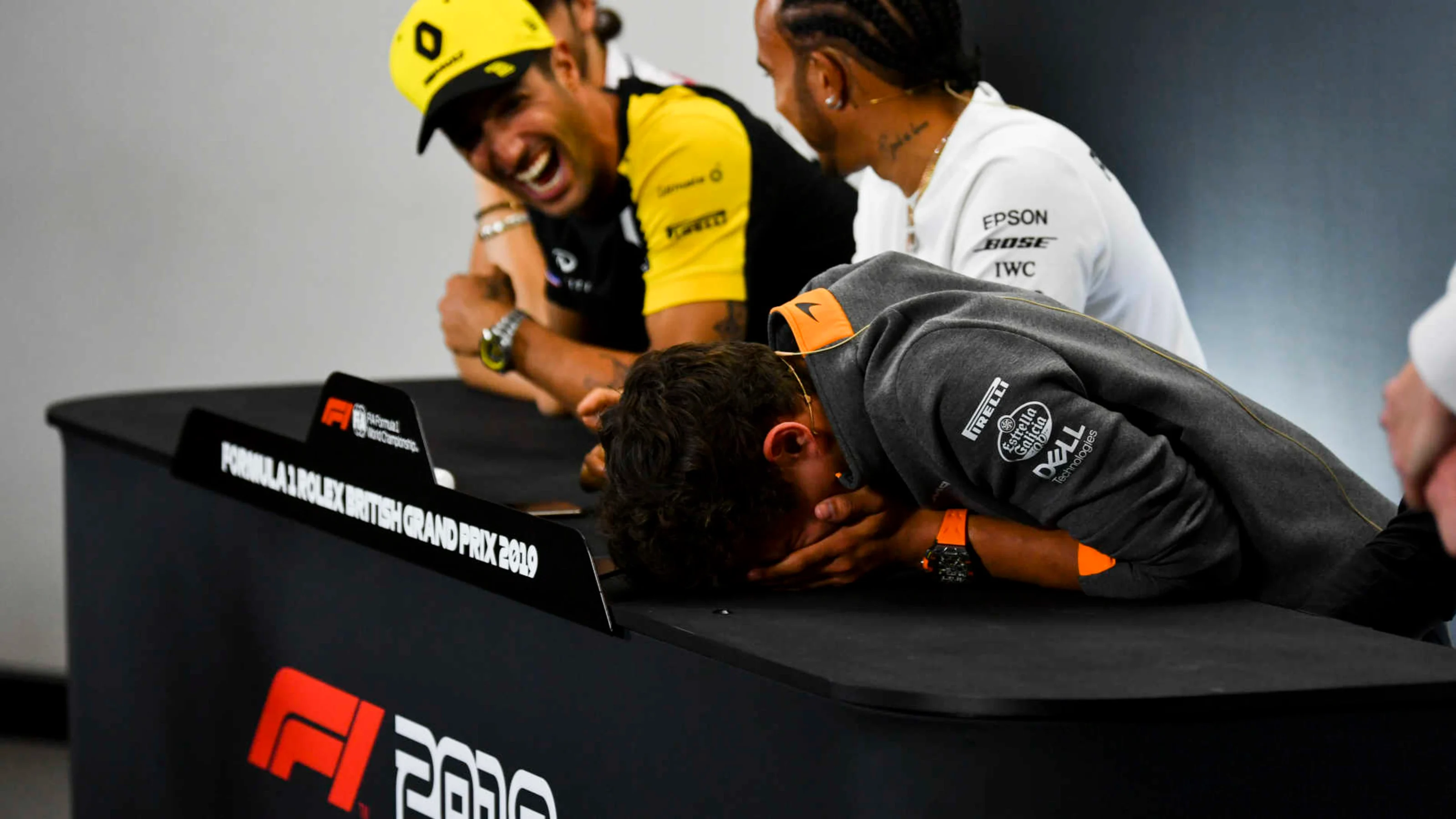 SILVERSTONE, UNITED KINGDOM - JULY 11: Daniel Ricciardo, Renault F1 Team and Lando Norris, McLaren