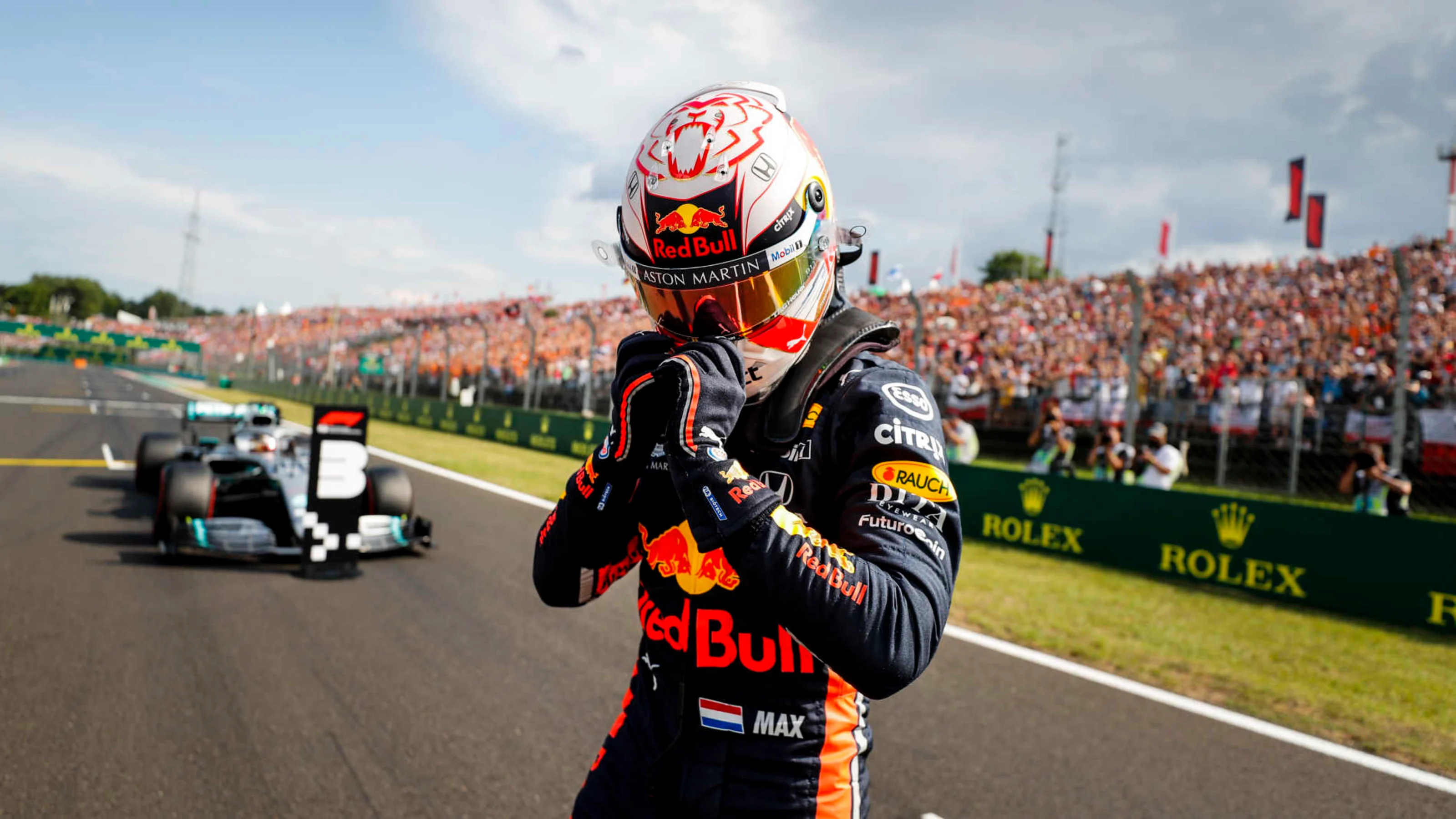 HUNGARORING, HUNGARY - AUGUST 03: Max Verstappen, Red Bull Racing, celebrates after securing his