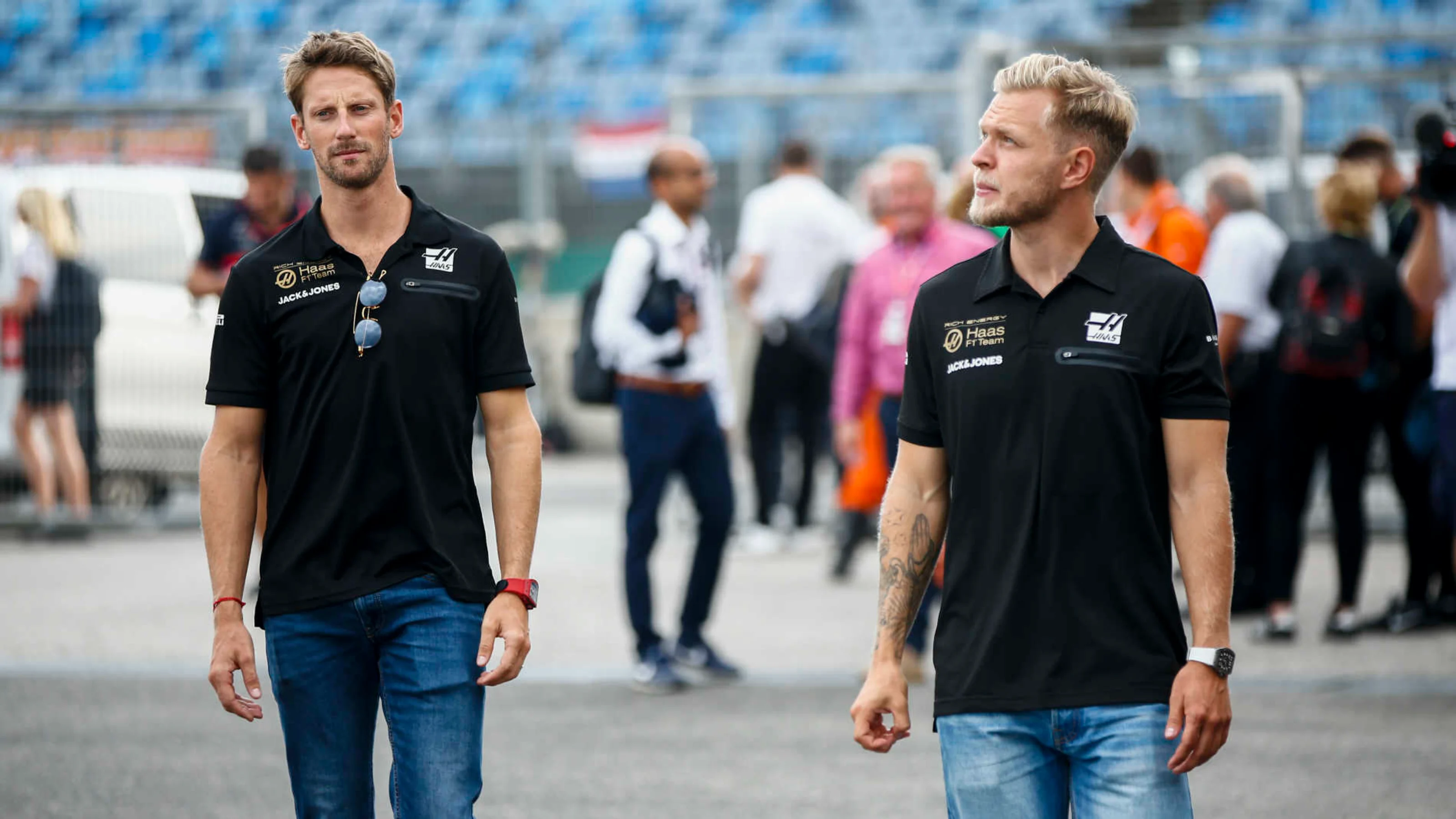HUNGARORING, HUNGARY - AUGUST 03: Romain Grosjean, Haas F1, and Kevin Magnussen, Haas F1 during the