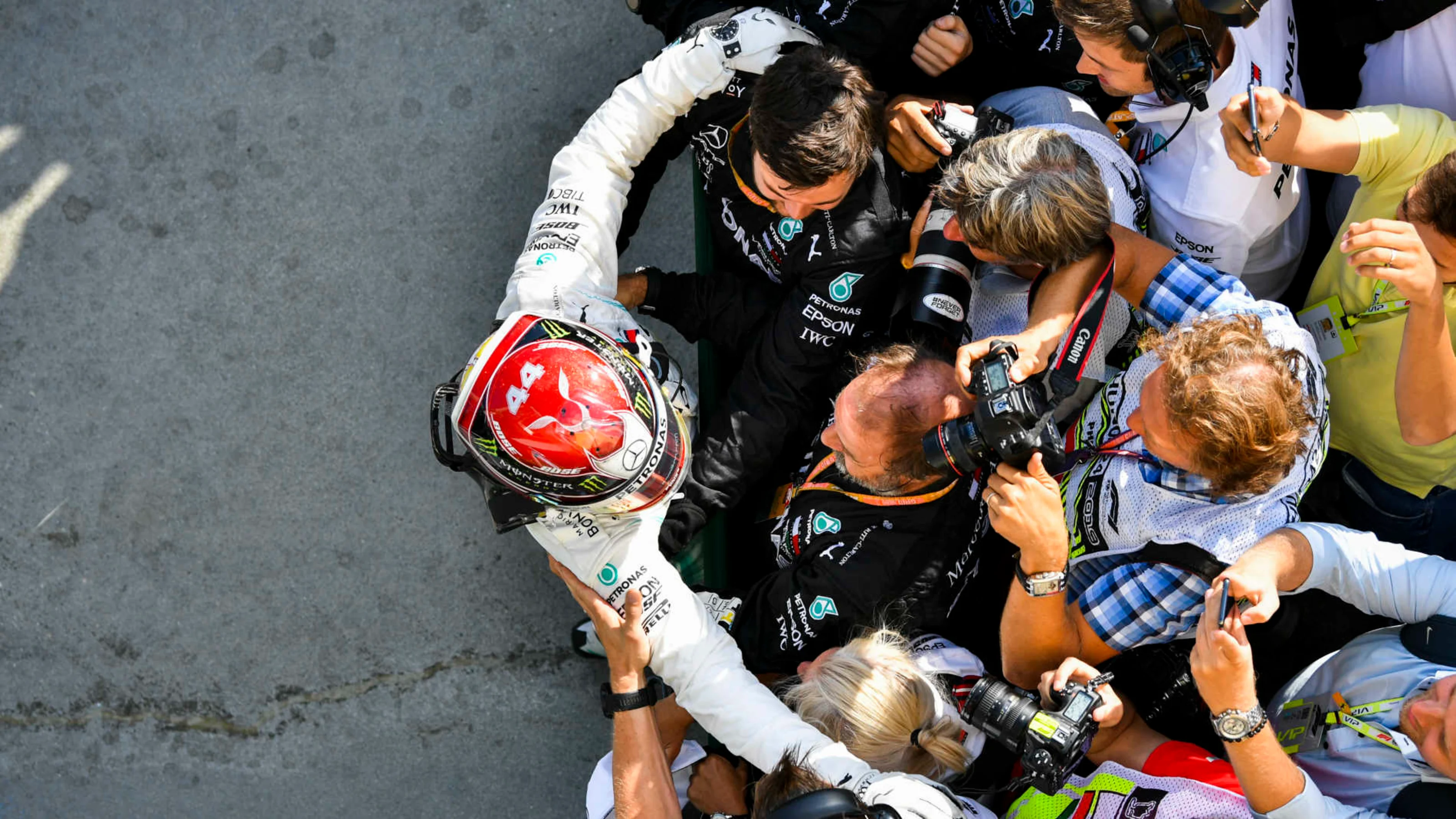 HUNGARORING, HUNGARY - AUGUST 04: Lewis Hamilton, Mercedes AMG F1, 1st position, celebrates with