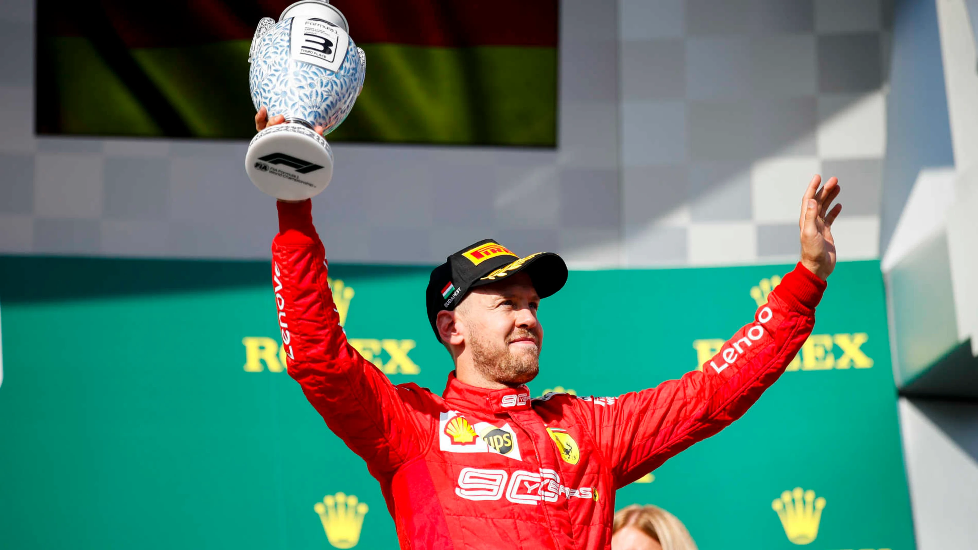 HUNGARORING, HUNGARY - AUGUST 04: Sebastian Vettel, Ferrari, 3rd position, celebrates with his