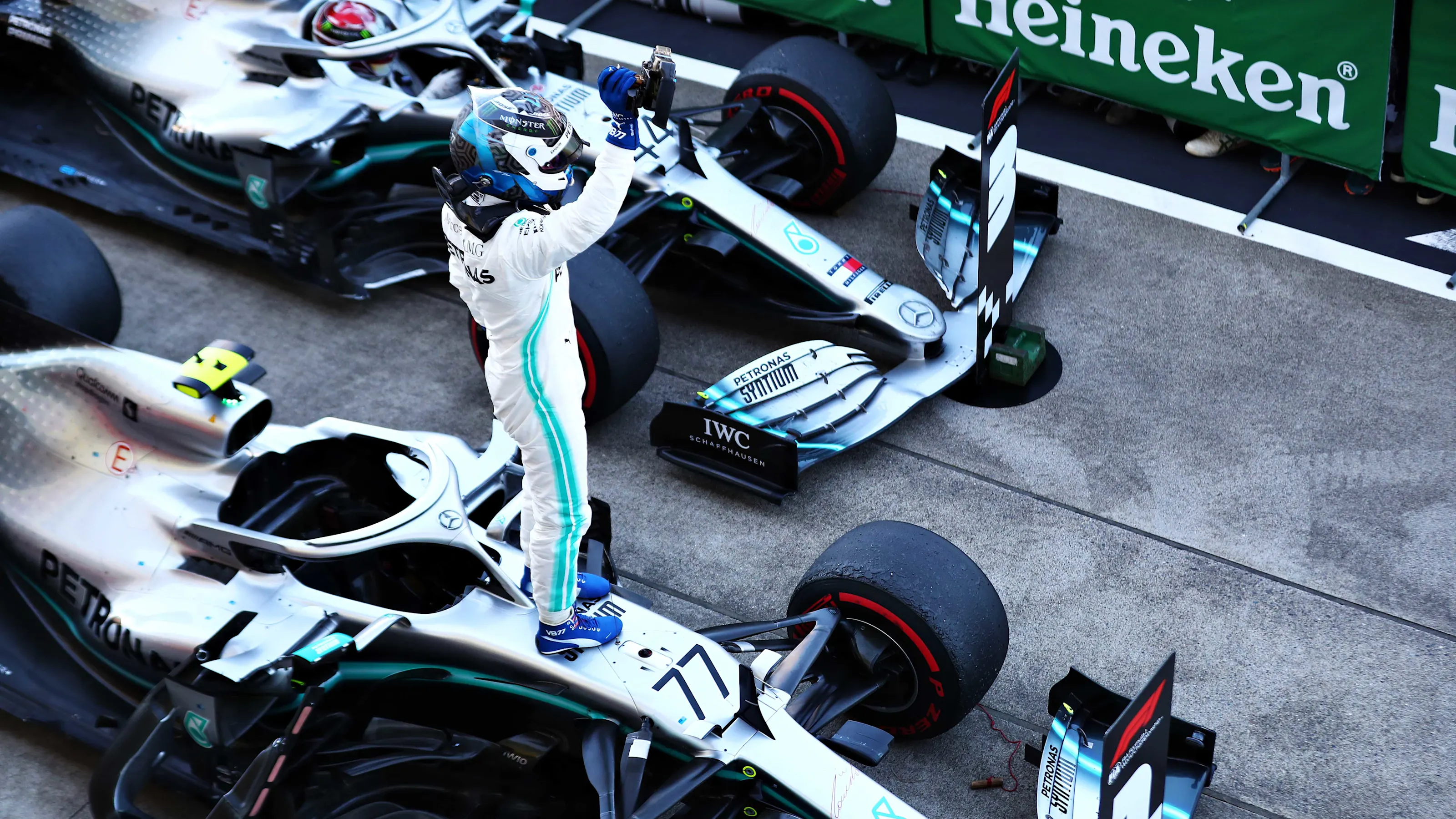 SUZUKA, JAPAN - OCTOBER 13: Race winner Valtteri Bottas of Finland and Mercedes GP celebrates in