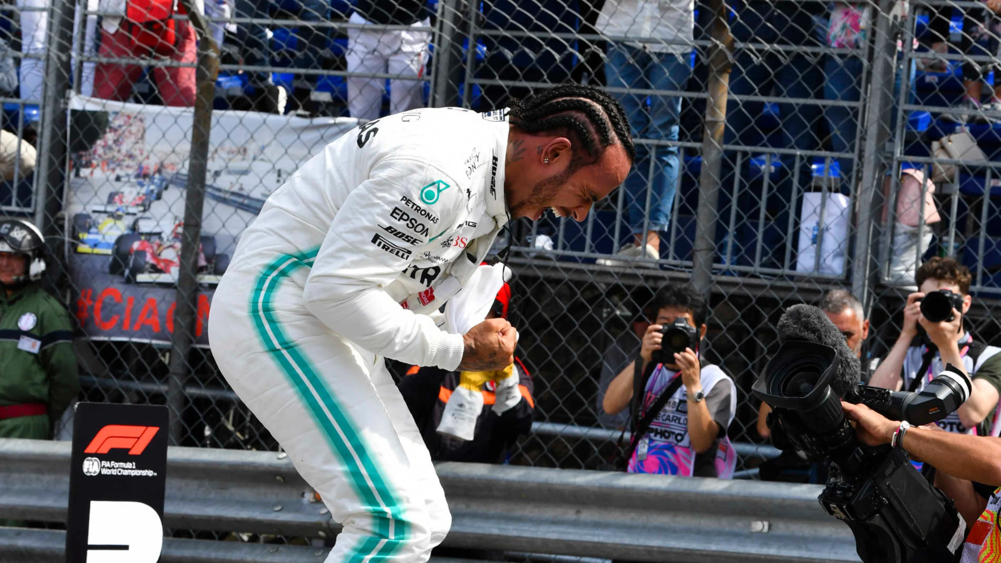 MONTE CARLO, MONACO - MAY 25: Lewis Hamilton, Mercedes AMG F1, celebrates pole postion during the
