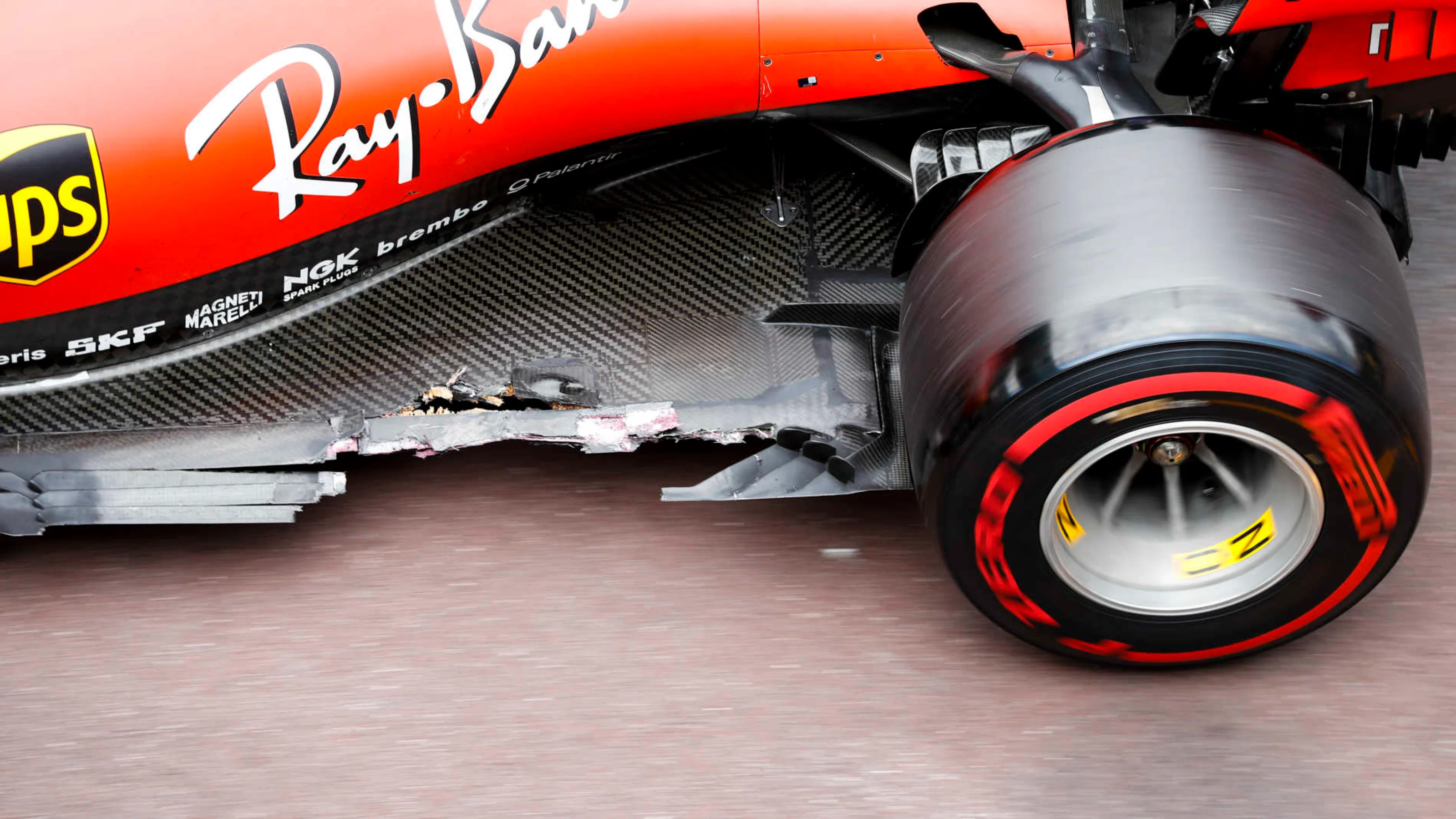 MONTE CARLO, MONACO - MAY 26: Close up of the damage on the car of Charles Leclerc, Ferrari SF90