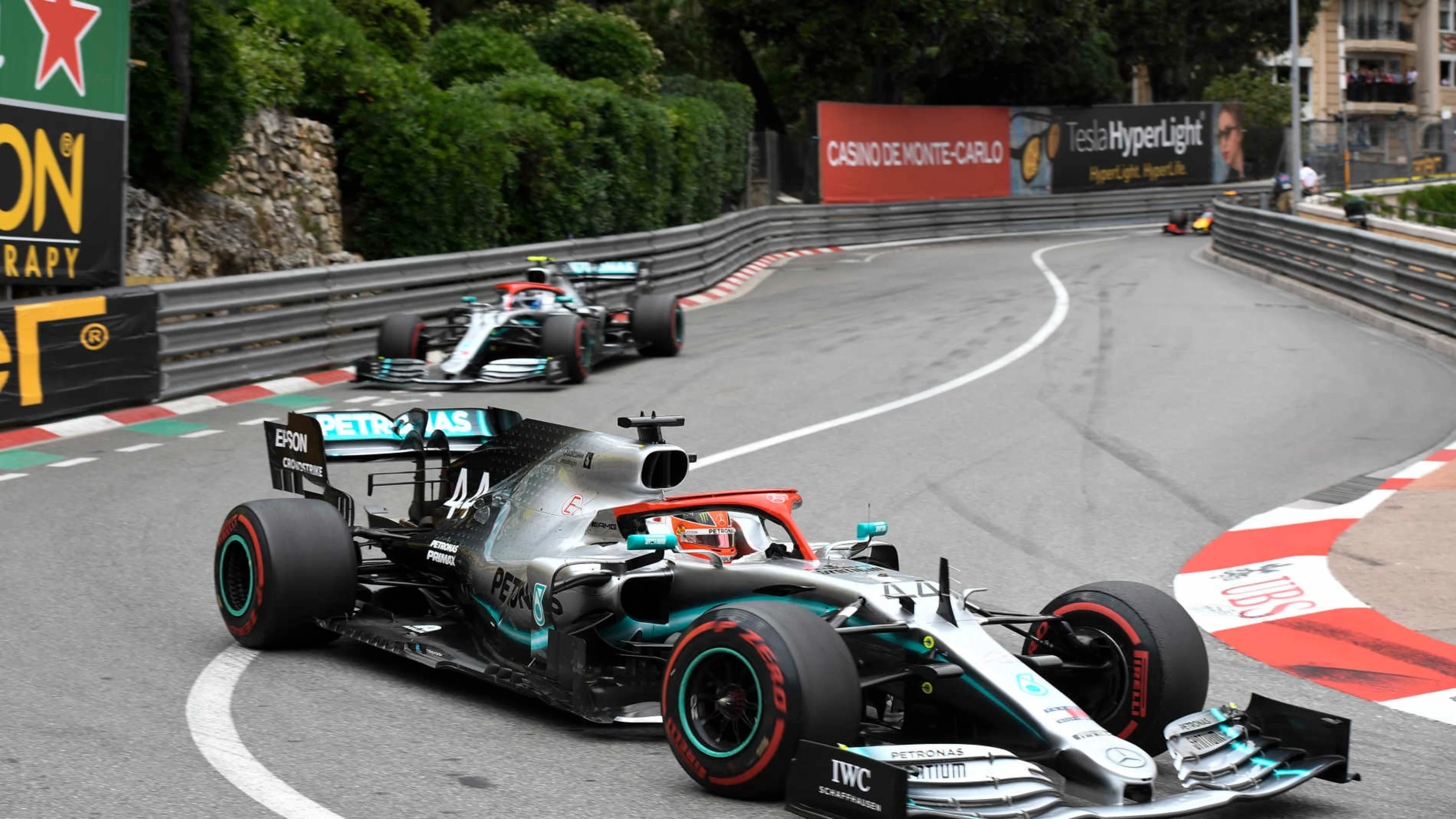 MONTE CARLO, MONACO - MAY 26: Lewis Hamilton, Mercedes AMG F1 W10, leads Valtteri Bottas, Mercedes
