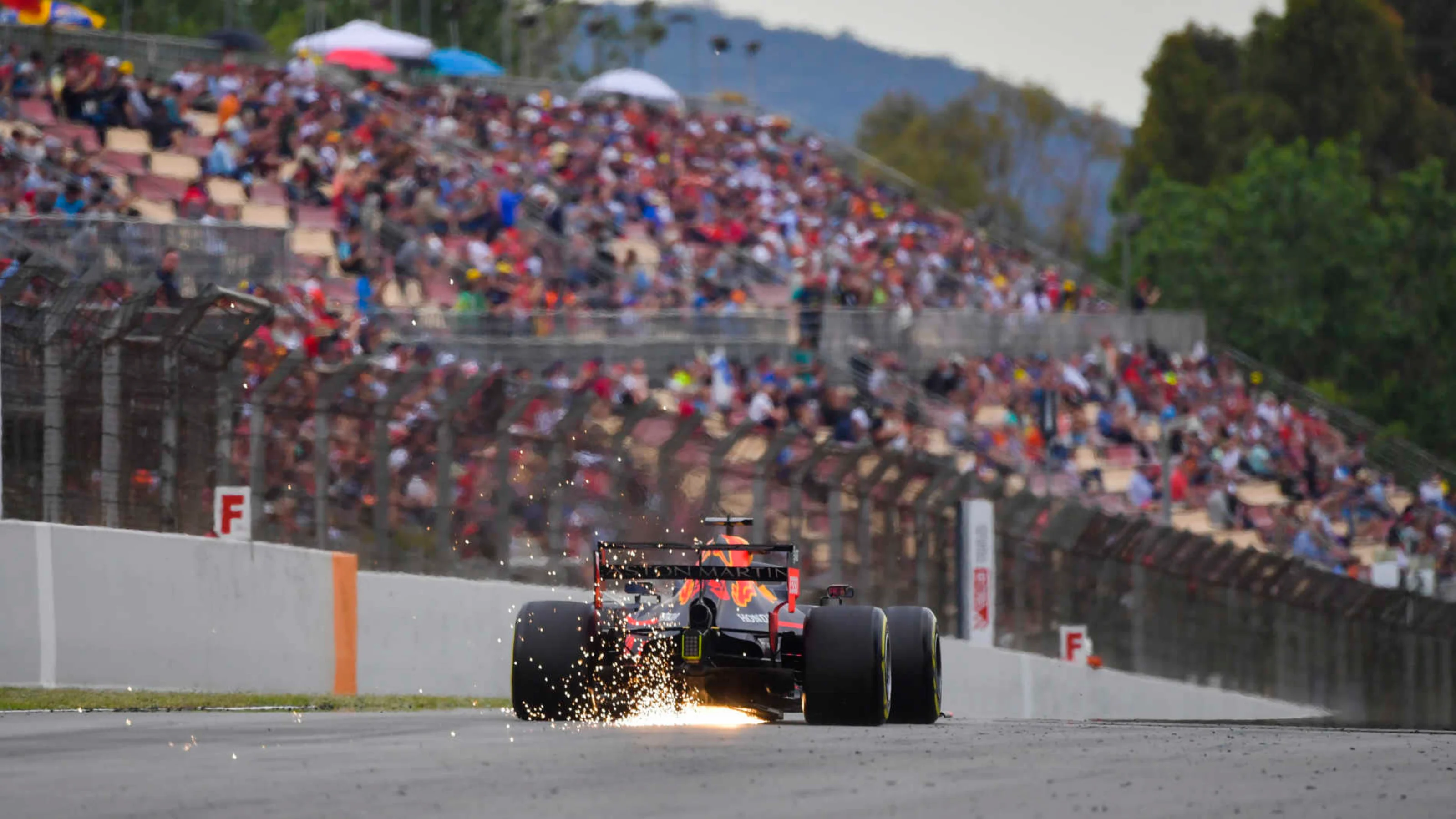 CIRCUIT DE BARCELONA-CATALUNYA, SPAIN - MAY 11: Sparks fly from the rear of Max Verstappen, Red