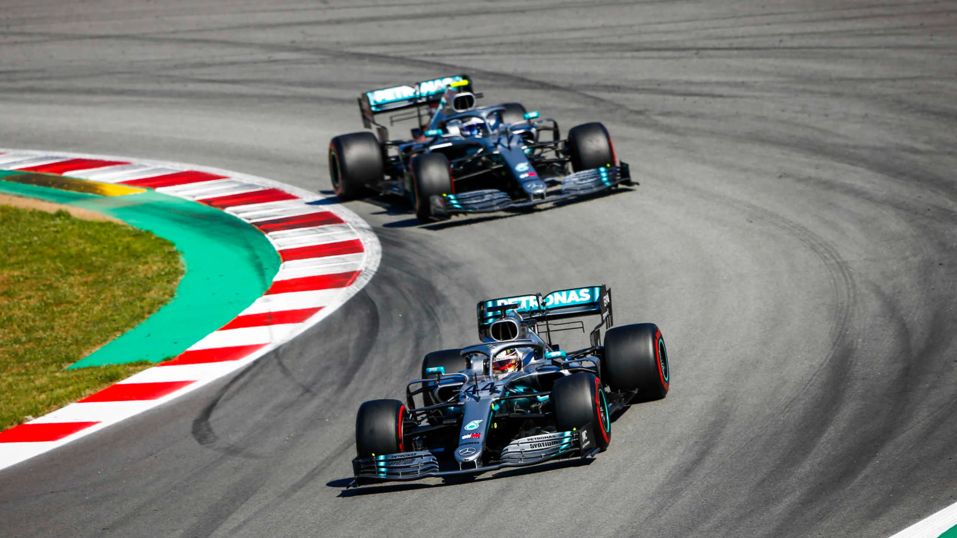 CIRCUIT DE BARCELONA-CATALUNYA, SPAIN - MAY 12: Lewis Hamilton, Mercedes AMG F1 W10 leads Valtteri