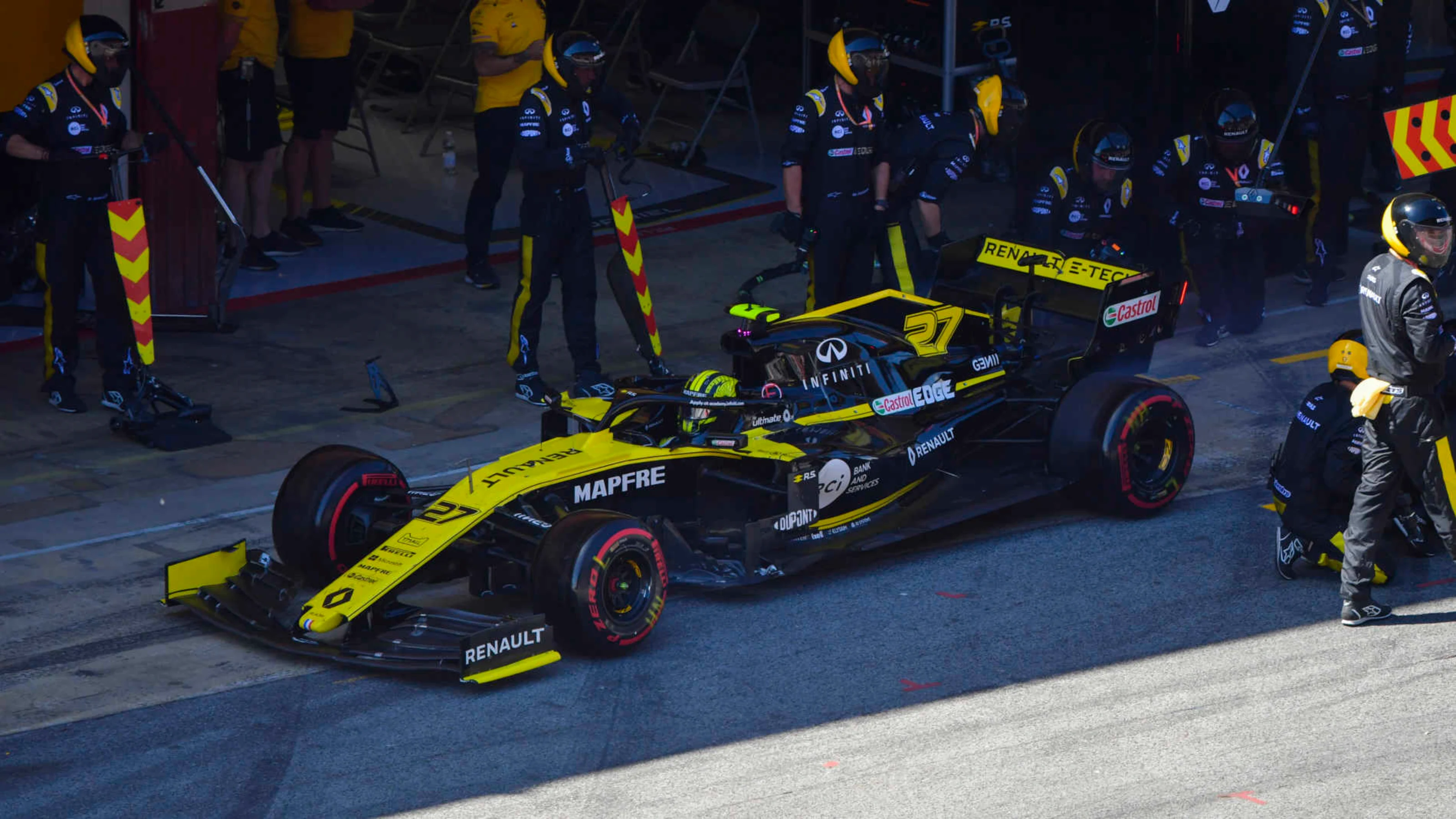 CIRCUIT DE BARCELONA-CATALUNYA, SPAIN - MAY 12: Nico Hulkenberg, Renault R.S. 19, eaves his pit box