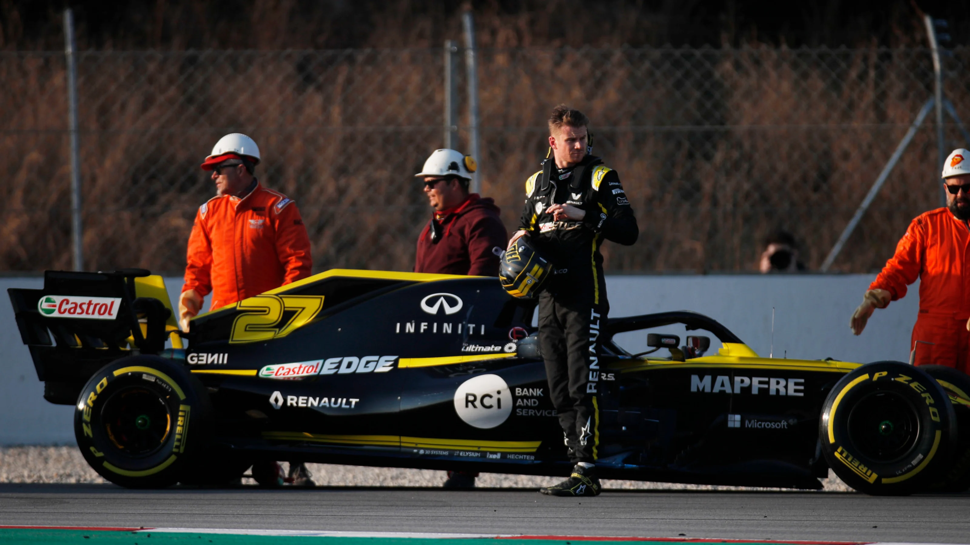 CIRCUIT DE BARCELONA-CATALUNYA, SPAIN - FEBRUARY 21: Nico Hulkenberg, Renault F1 Team R.S. 19 stops