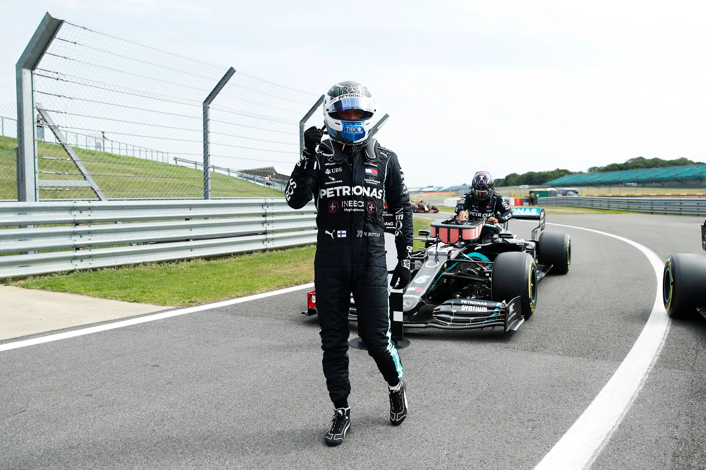 NORTHAMPTON, ENGLAND - AUGUST 08: Pole position qualifier Valtteri Bottas of Finland and Mercedes