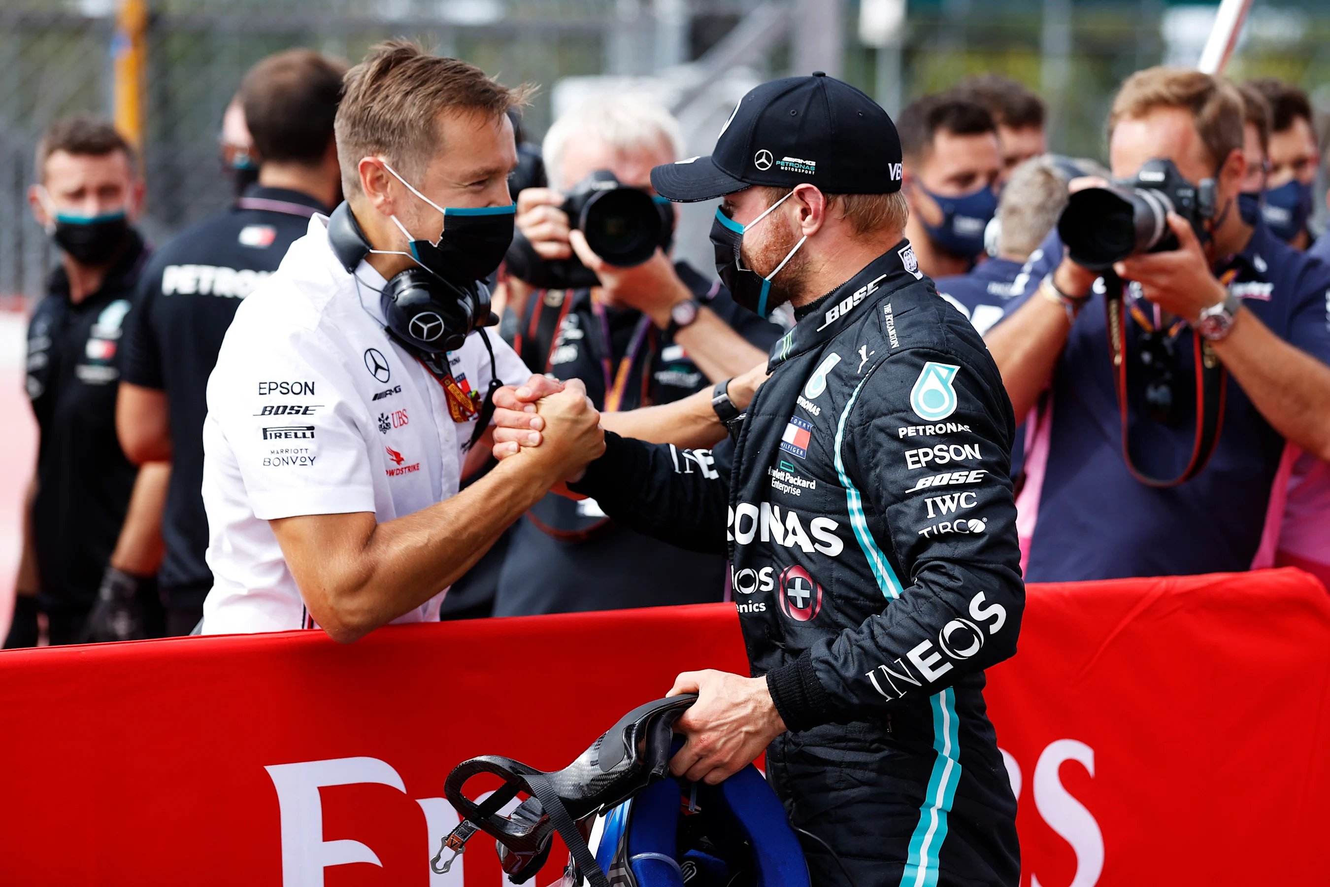 NORTHAMPTON, ENGLAND - AUGUST 08: Pole position qualifier Valtteri Bottas of Finland and Mercedes