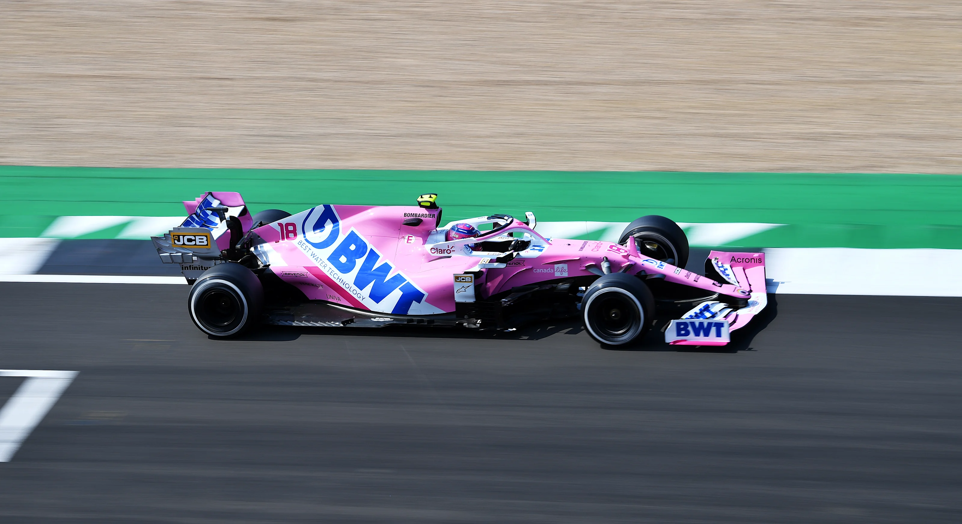 NORTHAMPTON, ENGLAND - AUGUST 09: Lance Stroll of Canada driving the (18) Racing Point RP20