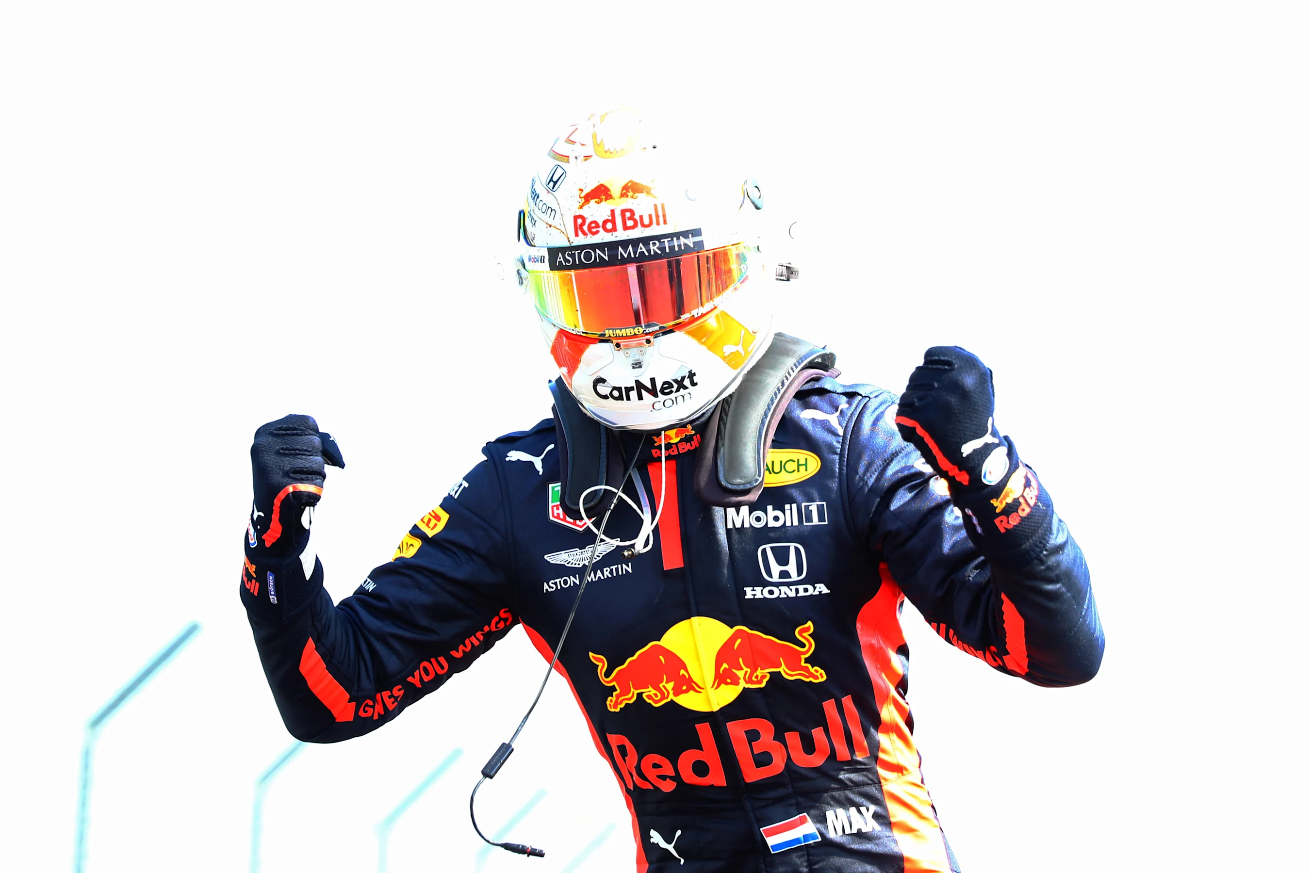 NORTHAMPTON, ENGLAND - AUGUST 09:  Max Verstappen of Netherlands and Red Bull Racing celebrates in