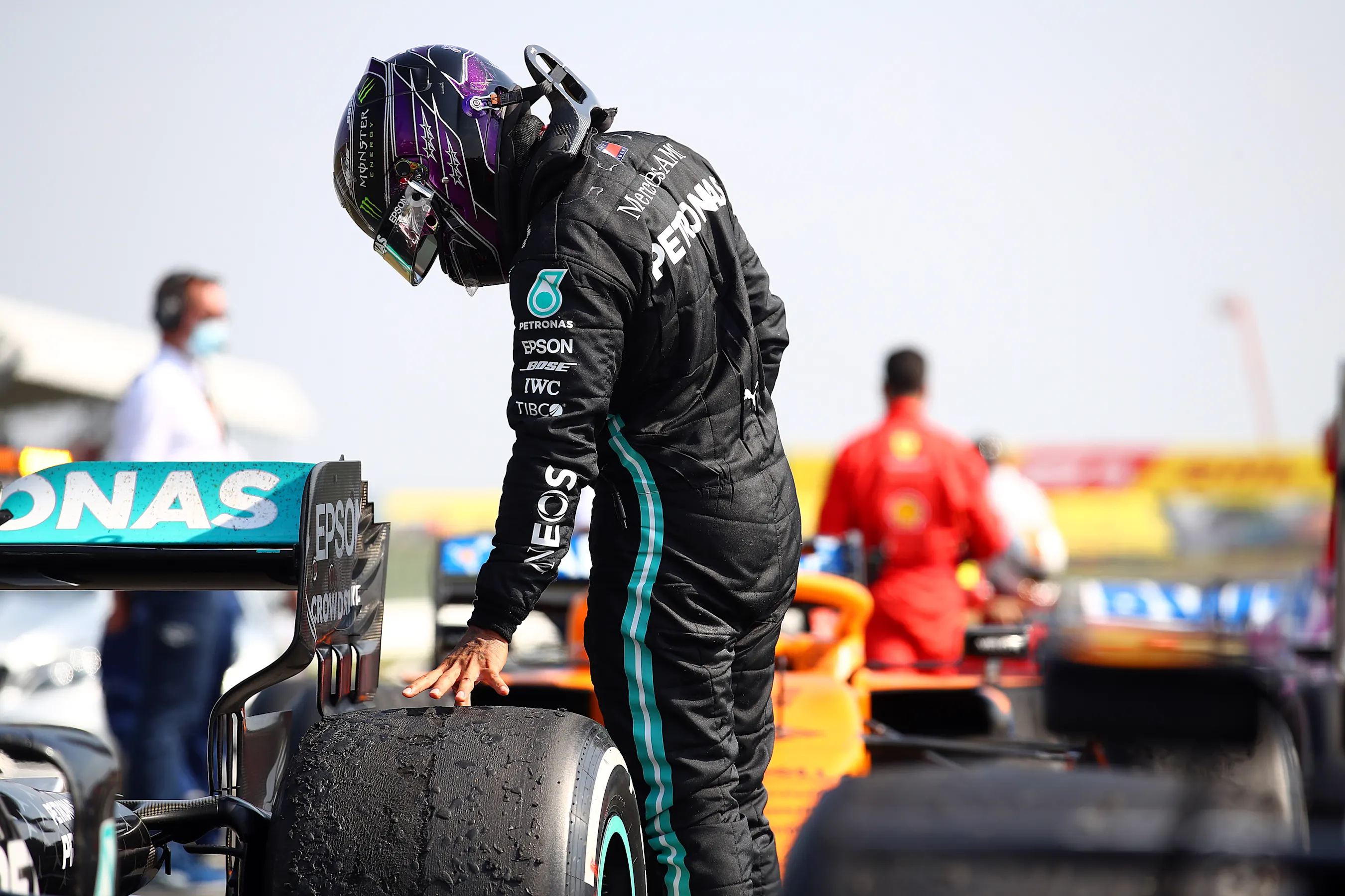 NORTHAMPTON, ENGLAND - AUGUST 09: Second placed Lewis Hamilton of Great Britain and Mercedes GP