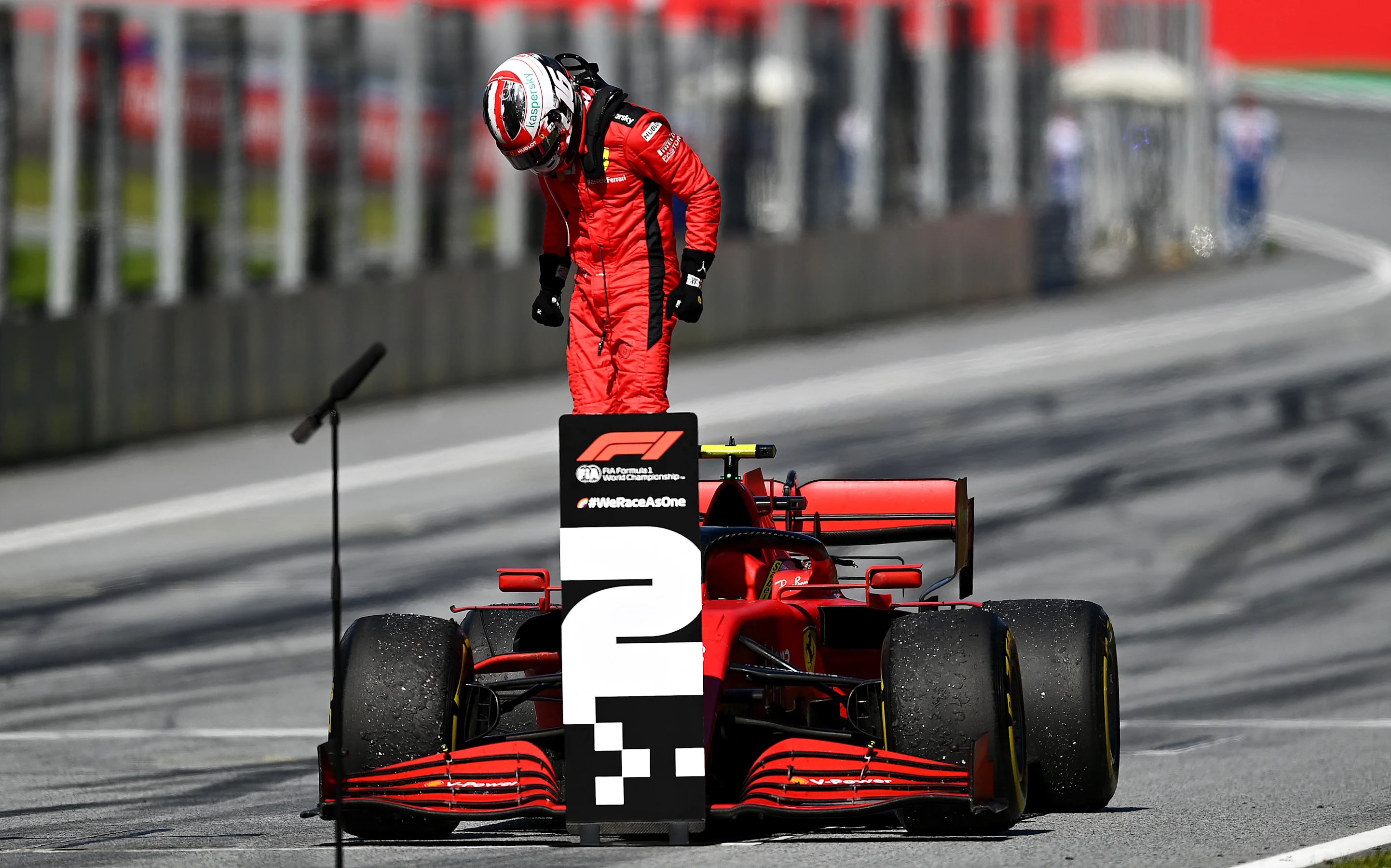 SPIELBERG, AUSTRIA - JULY 05: Second placed Charles Leclerc of Monaco and Ferrari gets out of his