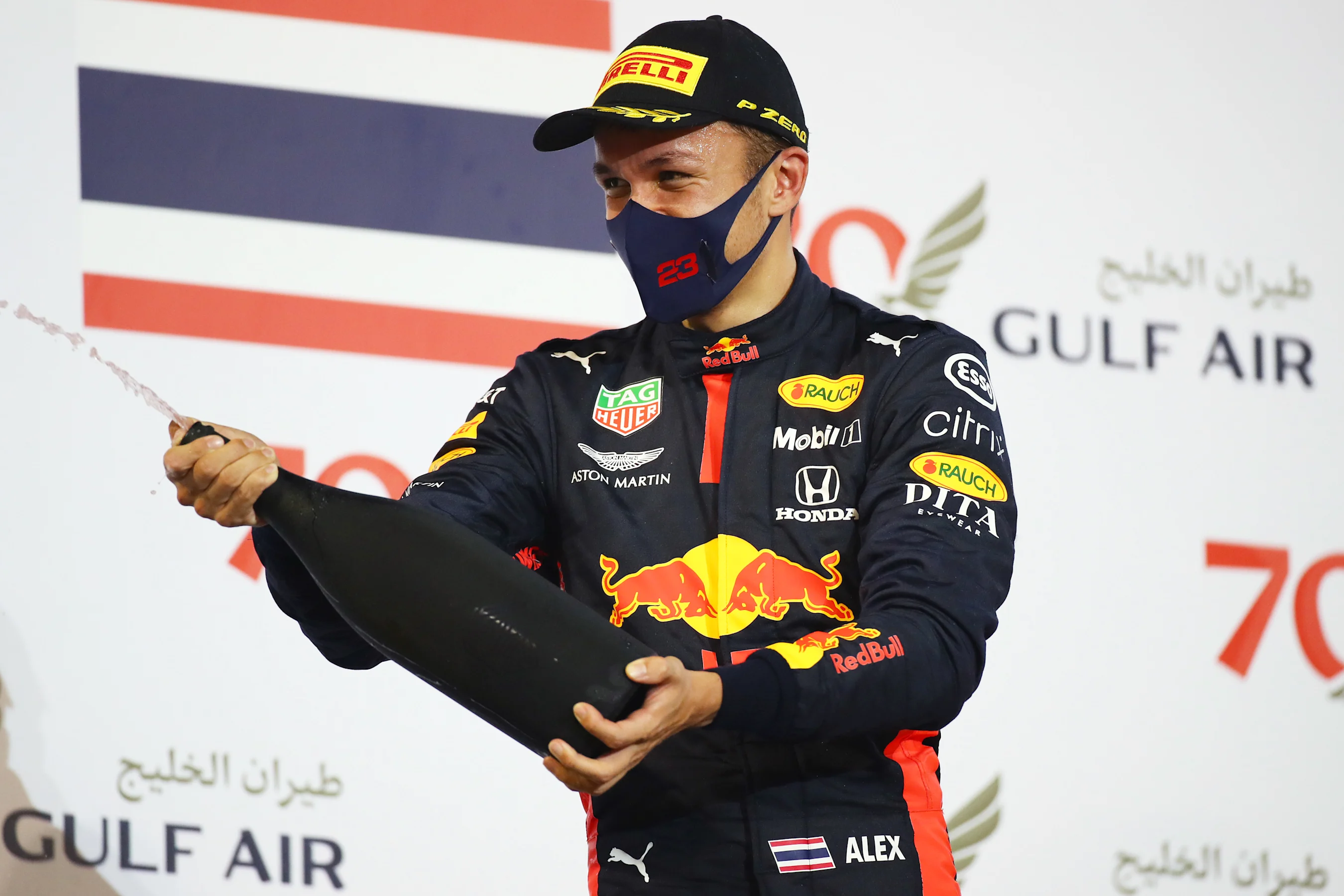 BAHRAIN, BAHRAIN - NOVEMBER 29: Third placed Alexander Albon of Thailand and Red Bull Racing