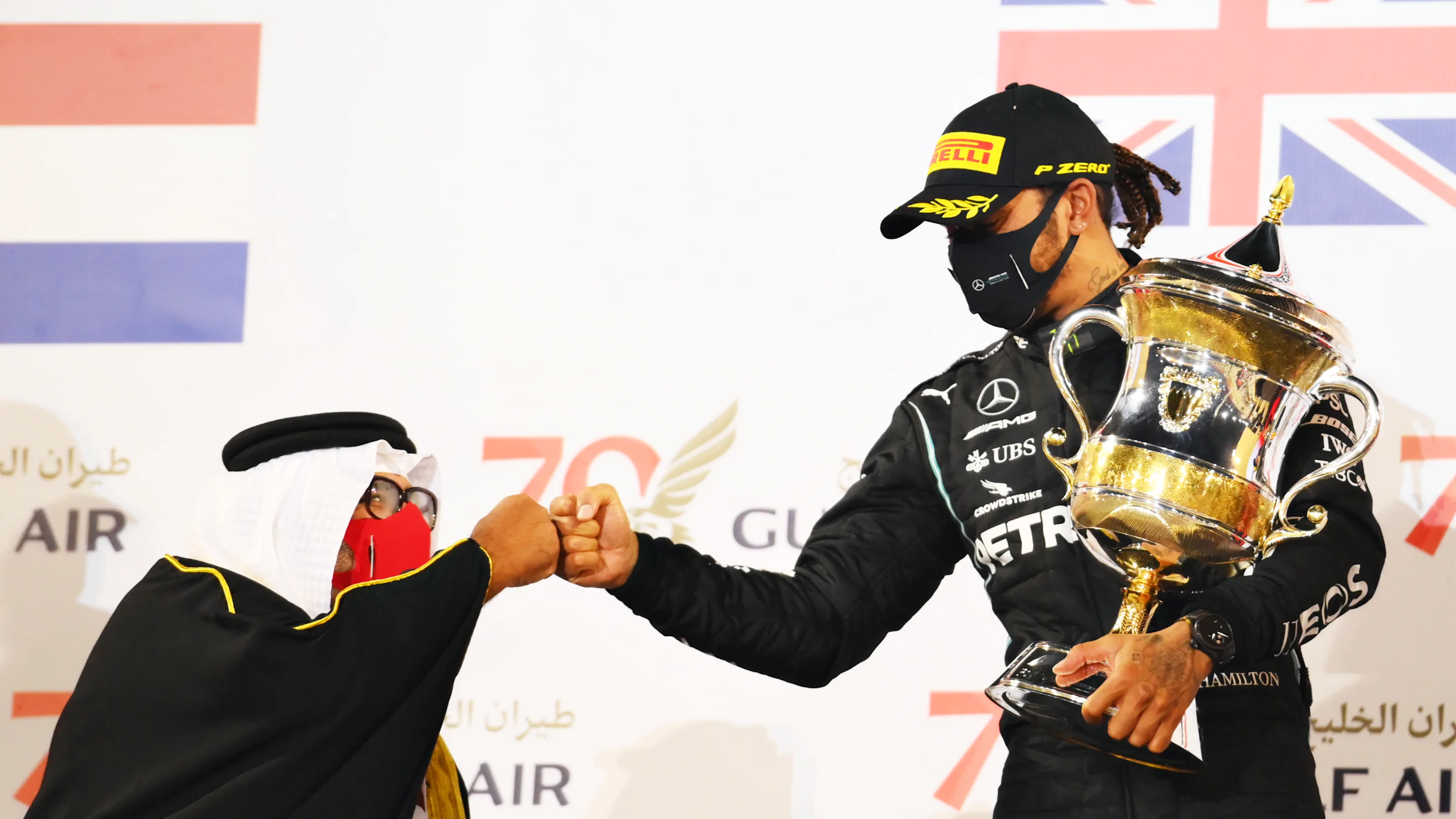 BAHRAIN, BAHRAIN - NOVEMBER 29: Race winner Lewis Hamilton of Great Britain and Mercedes GP