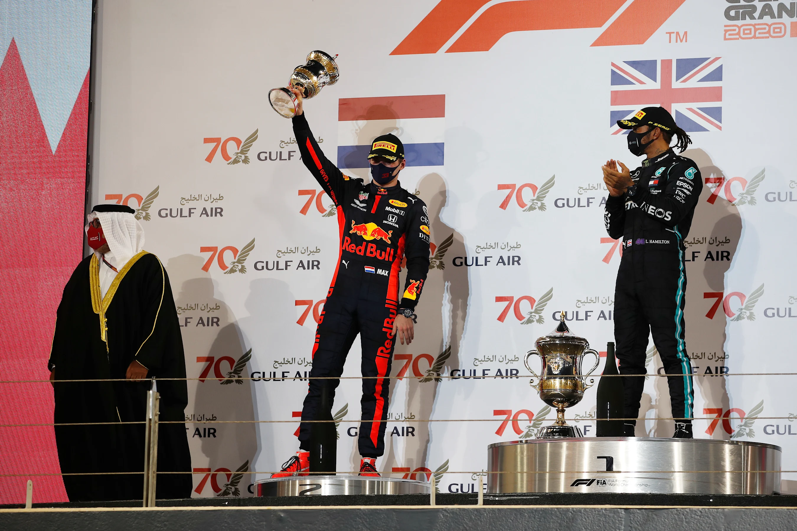 BAHRAIN, BAHRAIN - NOVEMBER 29: Second placed Max Verstappen of Netherlands and Red Bull Racing