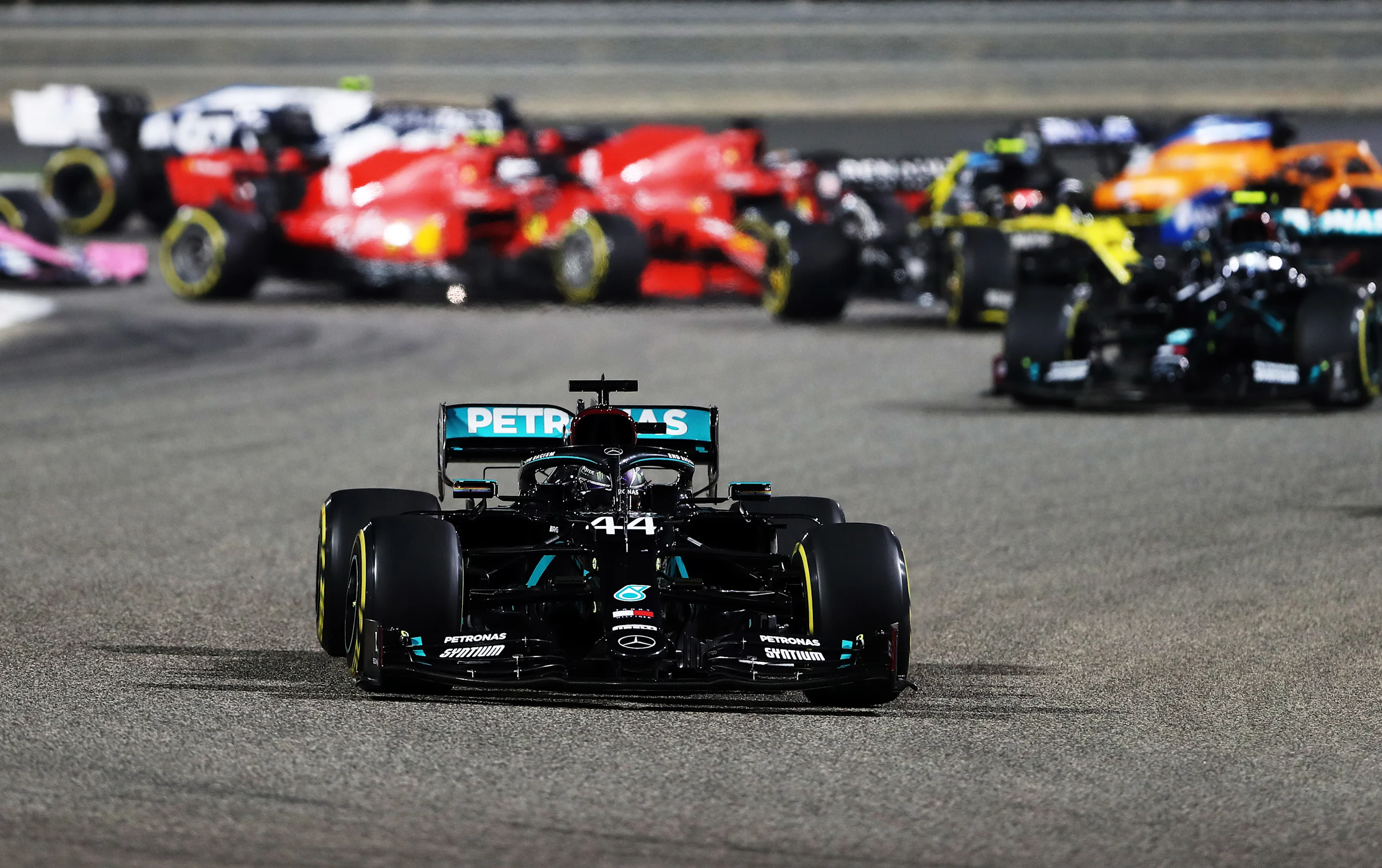 BAHRAIN, BAHRAIN - NOVEMBER 29: Lewis Hamilton of Great Britain driving the (44) Mercedes AMG