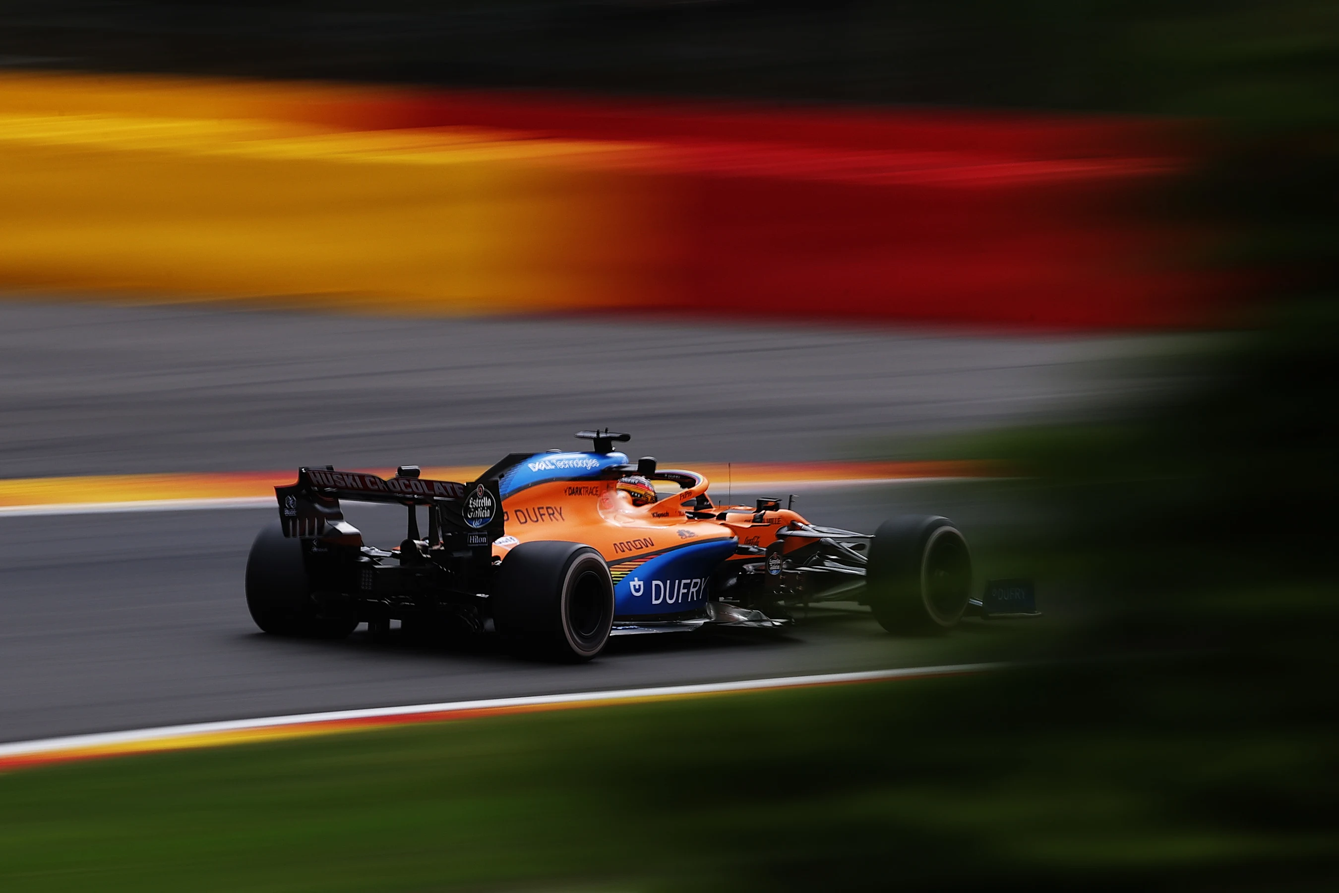 SPA, BELGIUM - AUGUST 28: Carlos Sainz of Spain driving the (55) McLaren F1 Team MCL35 Renault on