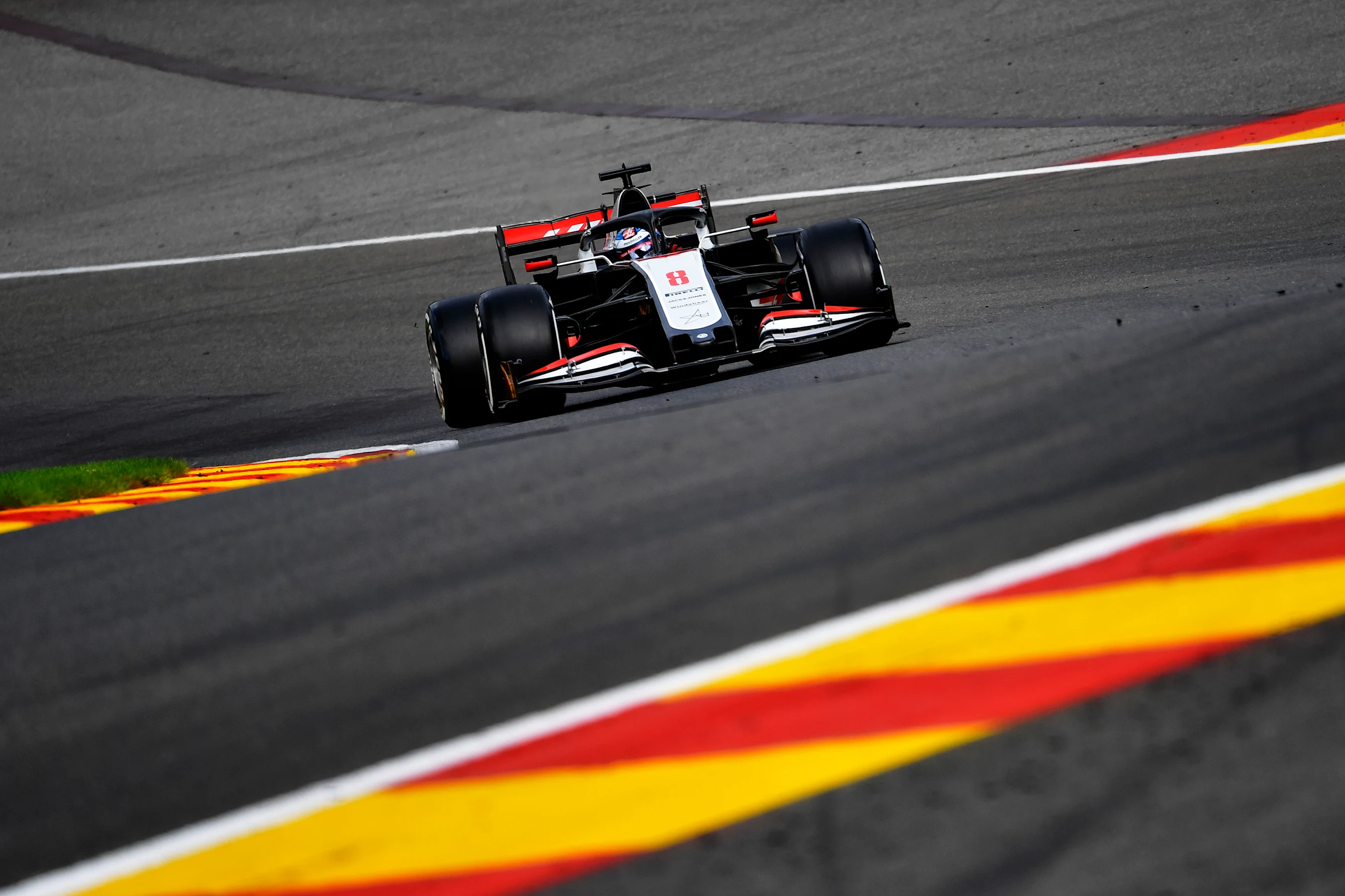SPA, BELGIUM - AUGUST 28: Romain Grosjean of France driving the (8) Haas F1 Team VF-20 Ferrari on