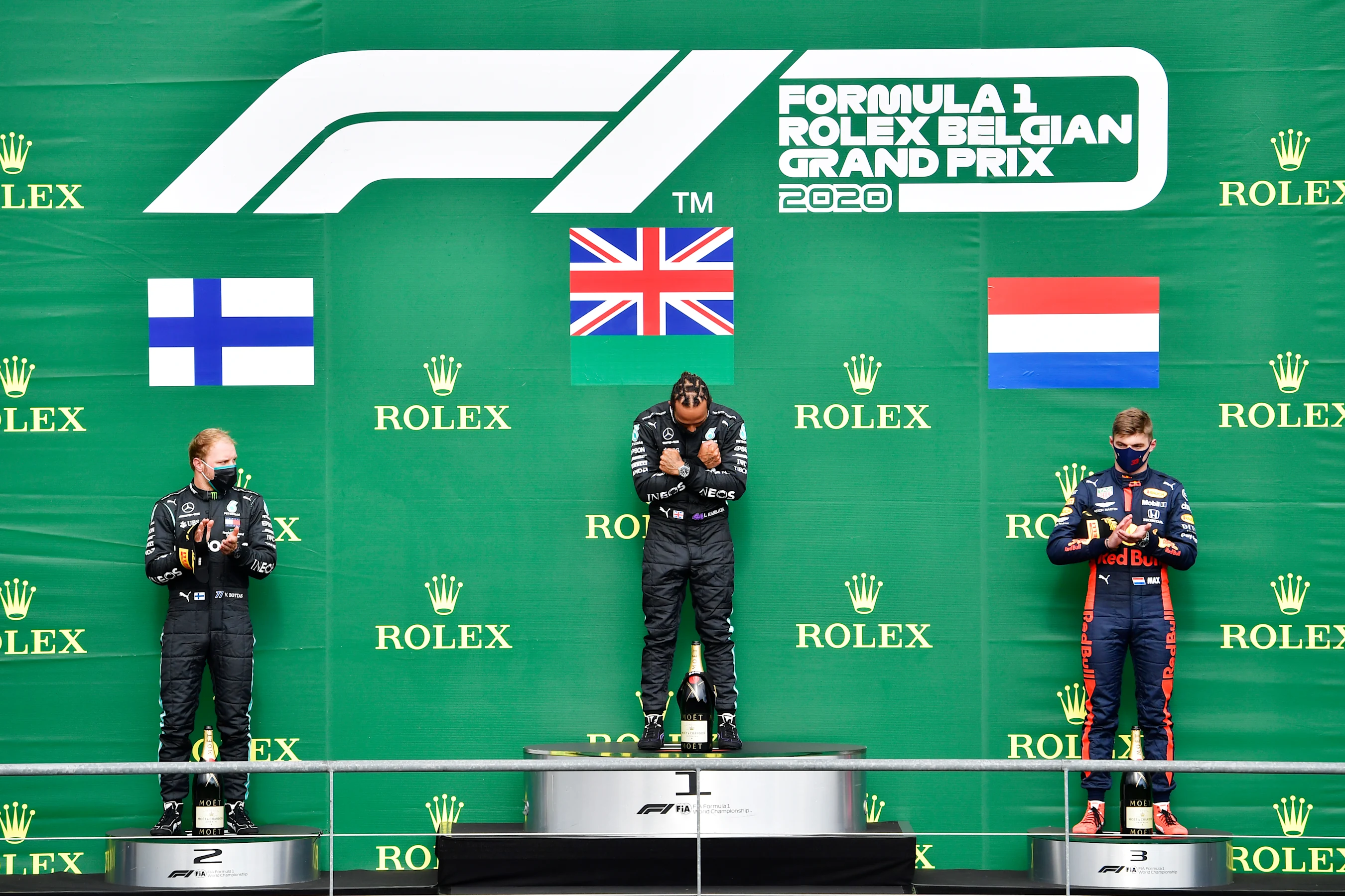 SPA, BELGIUM - AUGUST 30: Race winner Lewis Hamilton of Great Britain and Mercedes GP, second