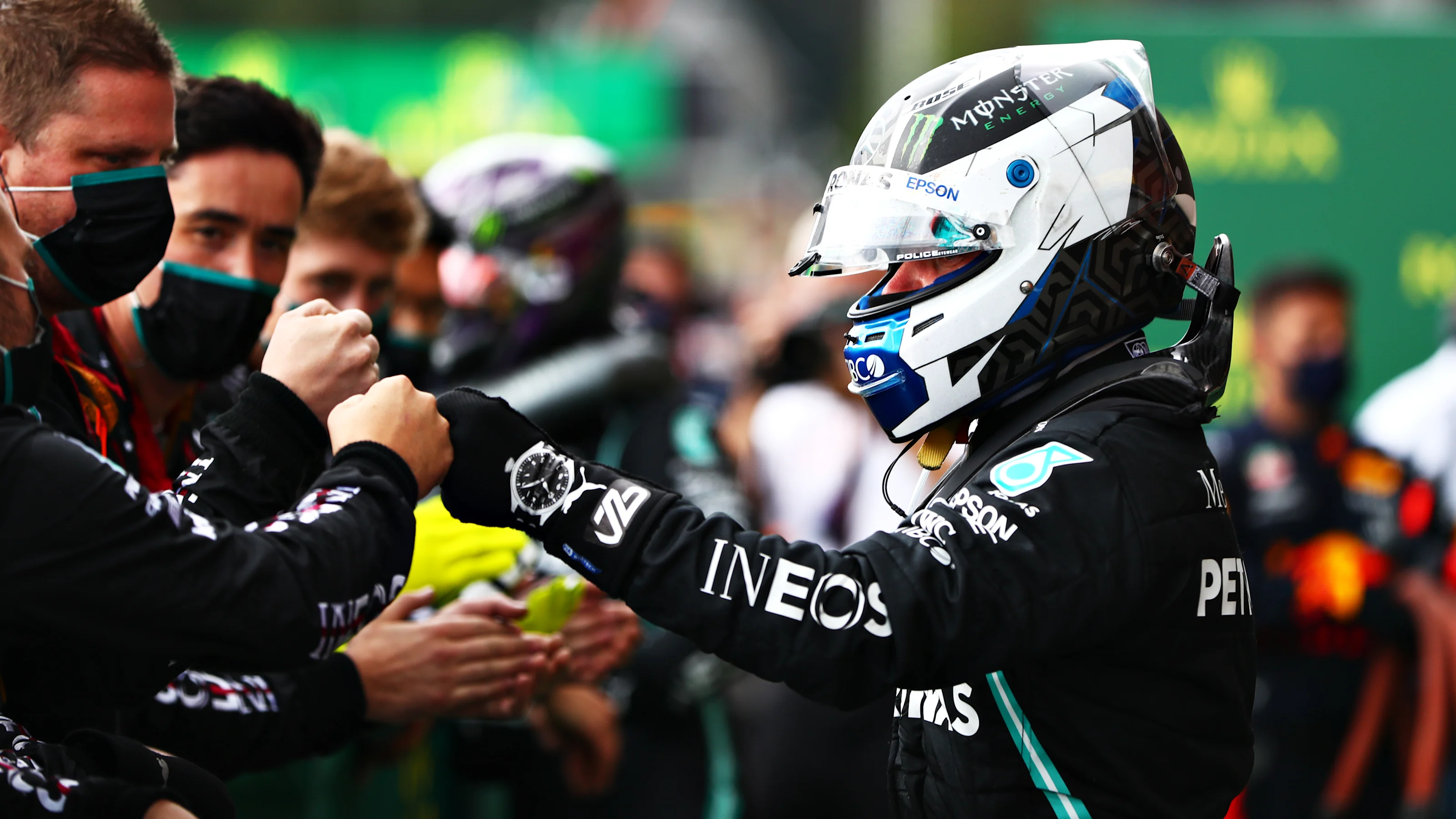 SPA, BELGIUM - AUGUST 30: Second placed Valtteri Bottas of Finland and Mercedes GP celebrates with