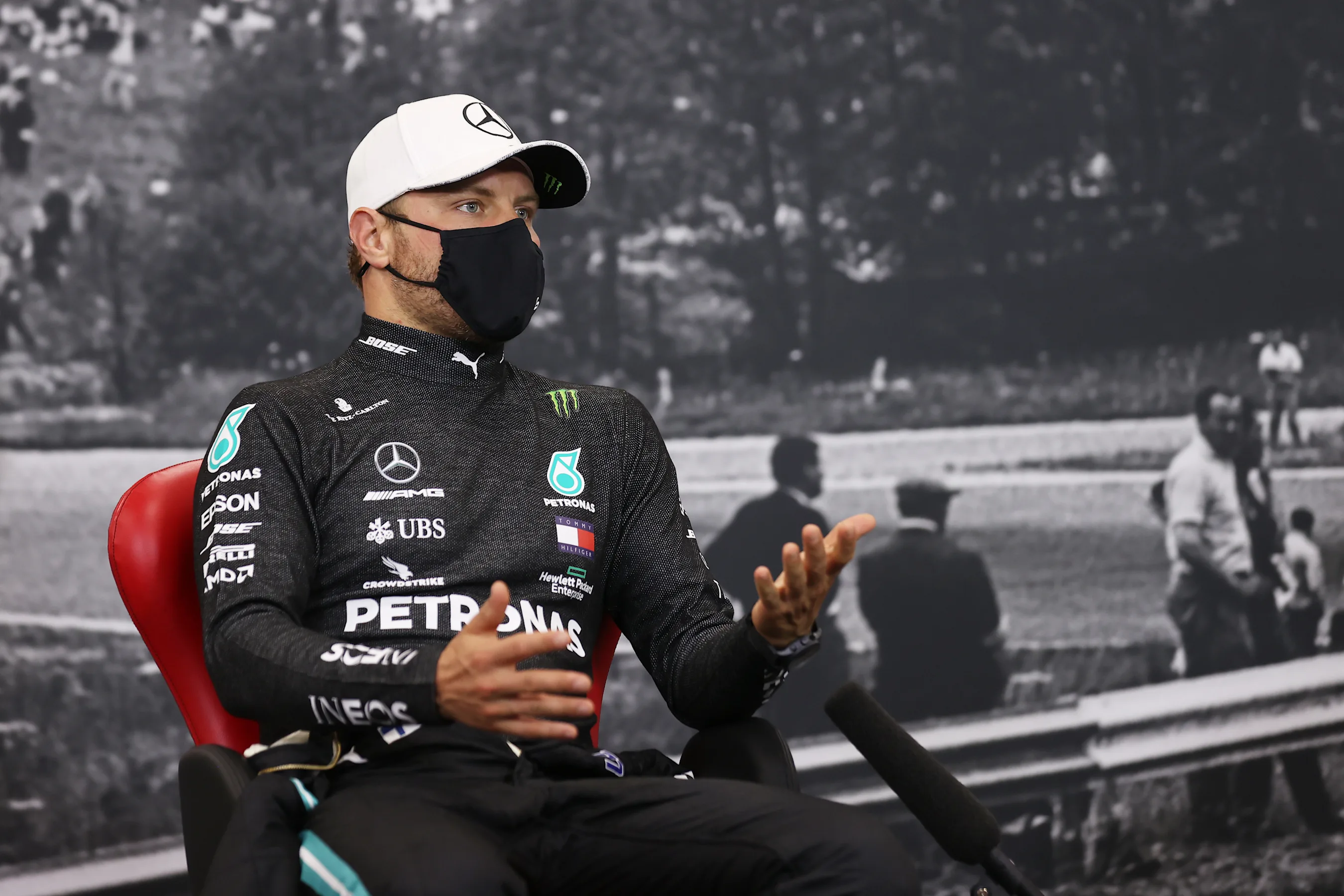 SPA, BELGIUM - AUGUST 30: Second placed Valtteri Bottas of Finland and Mercedes GP talks in the