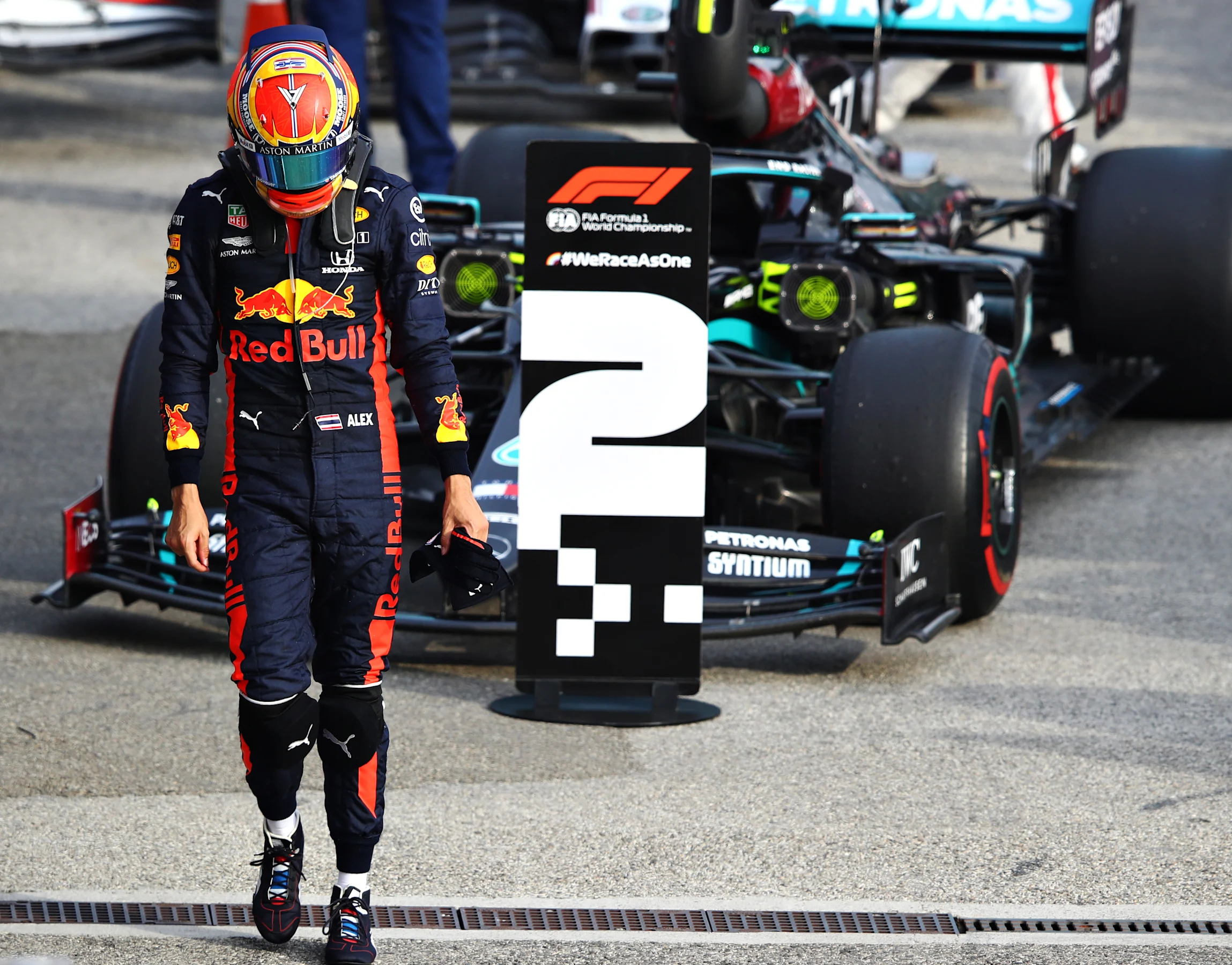 IMOLA, ITALY - NOVEMBER 01: Alexander Albon of Thailand and Red Bull Racing walks in parc ferme