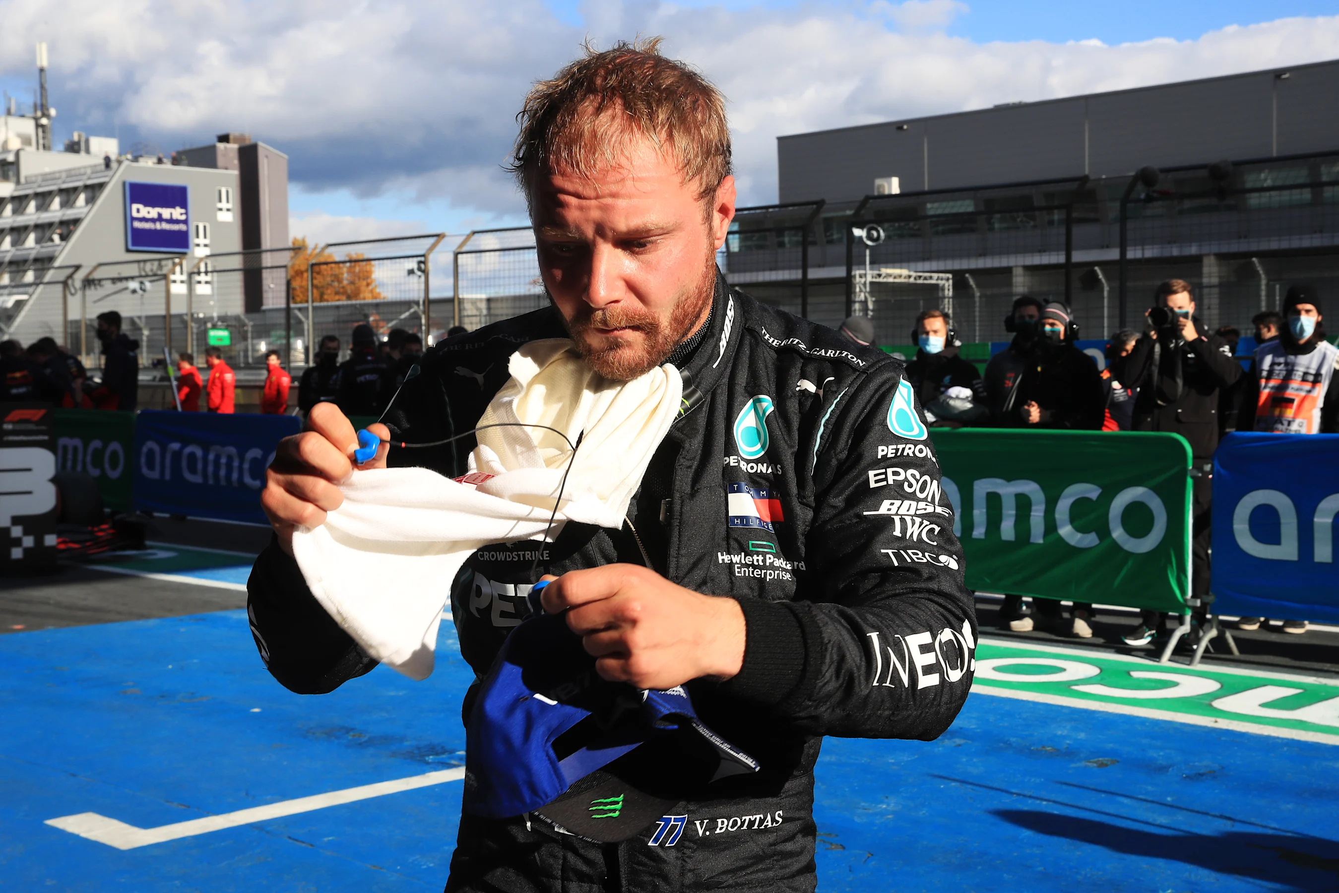NUERBURG, GERMANY - OCTOBER 10: Pole position qualifier Valtteri Bottas of Finland and Mercedes GP