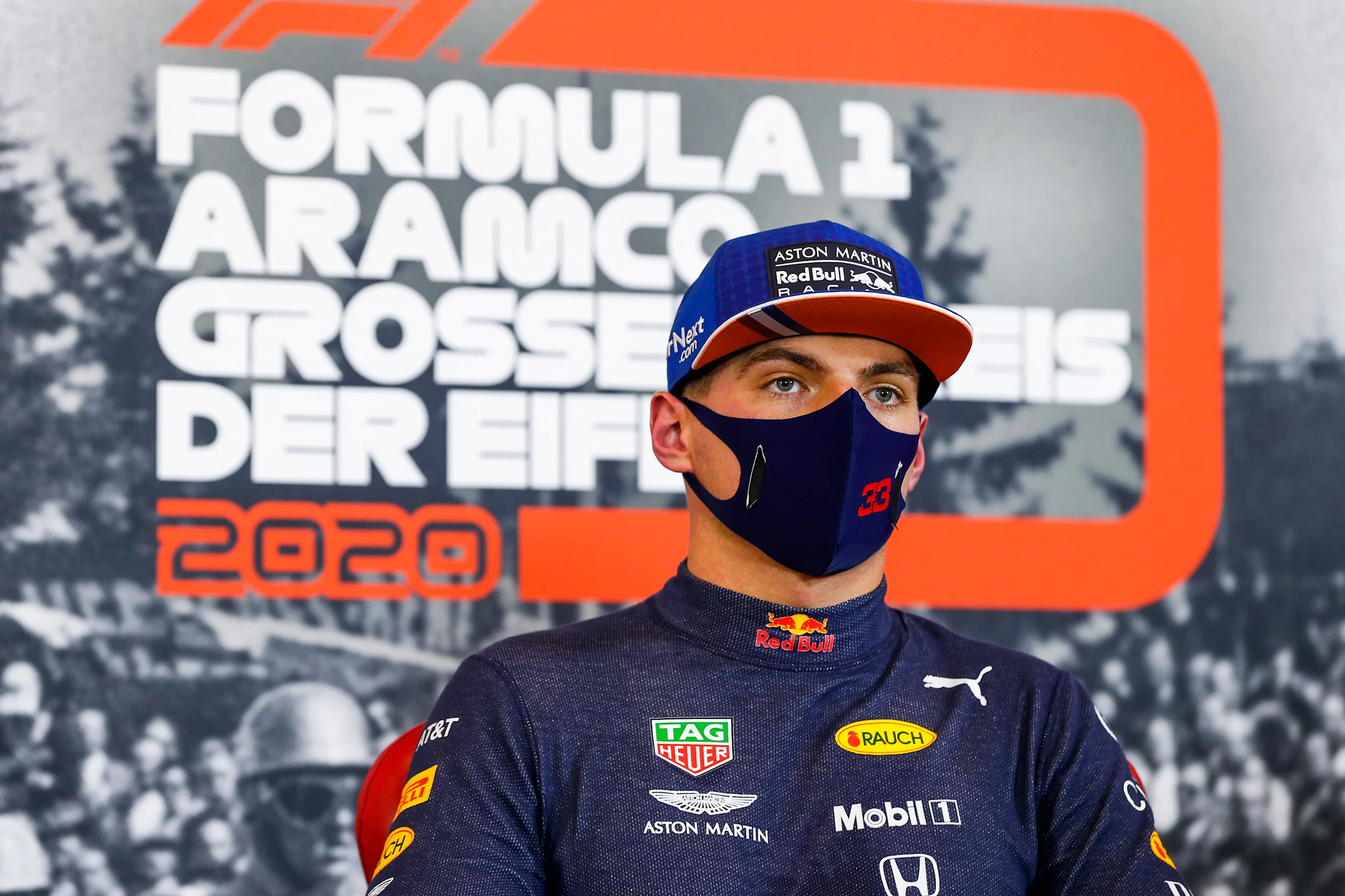 NUERBURG, GERMANY - OCTOBER 10: Third place qualifier Max Verstappen of Netherlands and Red Bull