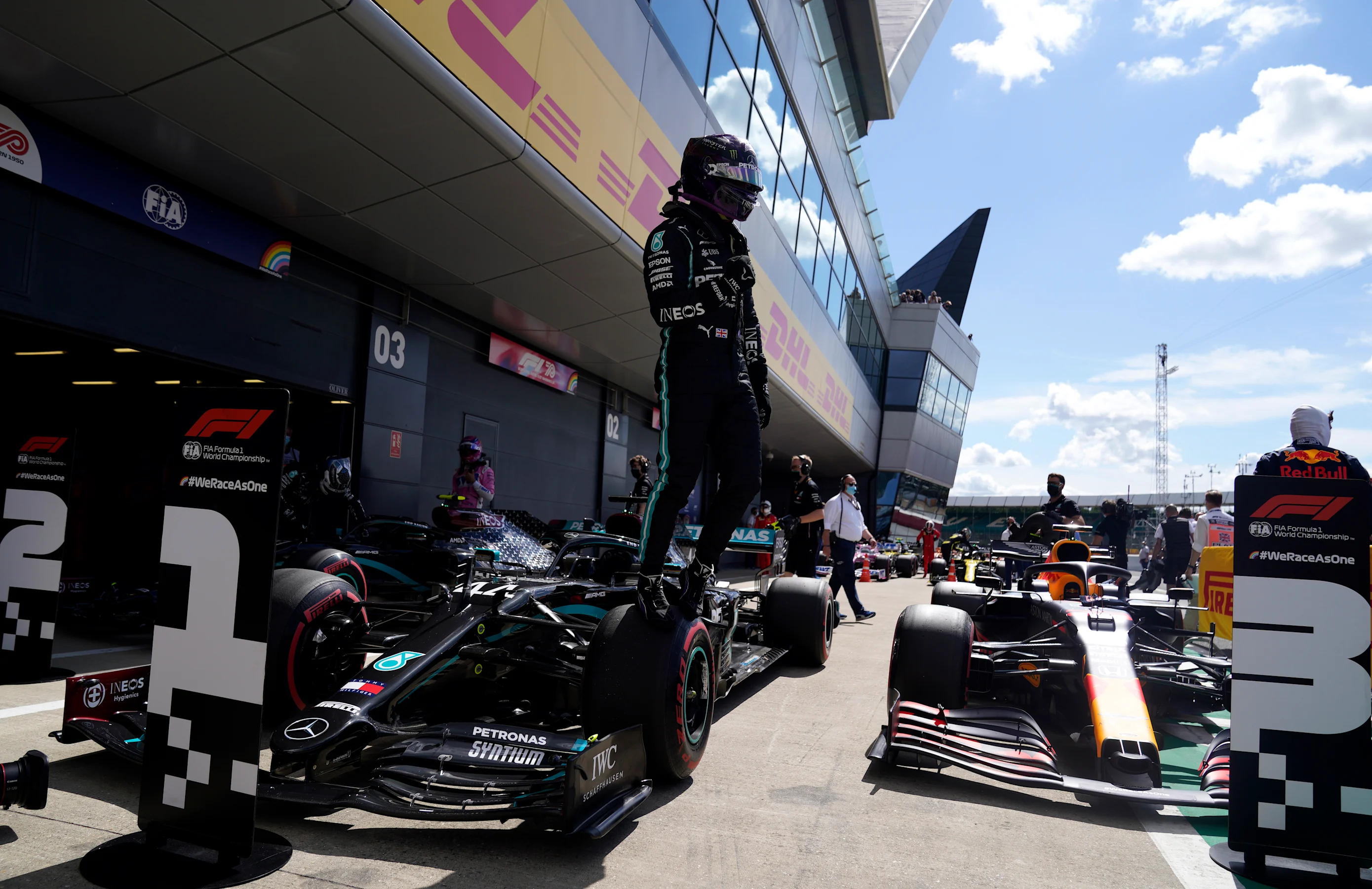 NORTHAMPTON, ENGLAND - AUGUST 01: Pole position qualifier Lewis Hamilton of Great Britain and