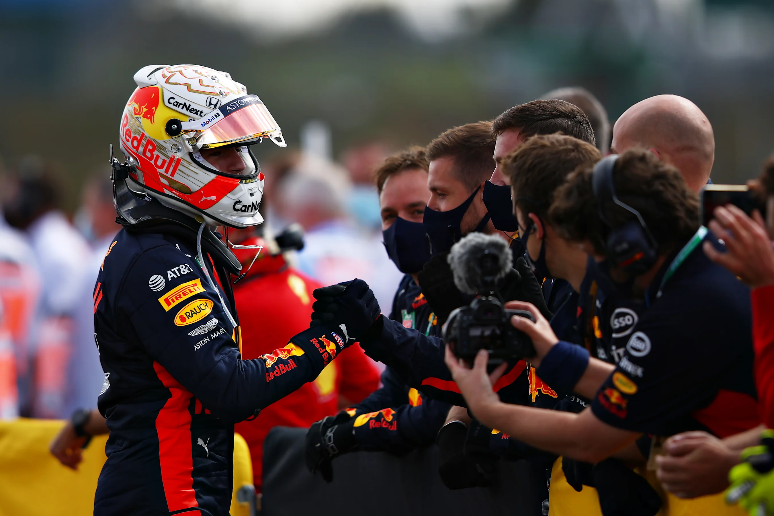 NORTHAMPTON, ENGLAND - AUGUST 02: Second placed Max Verstappen of Netherlands and Red Bull Racing