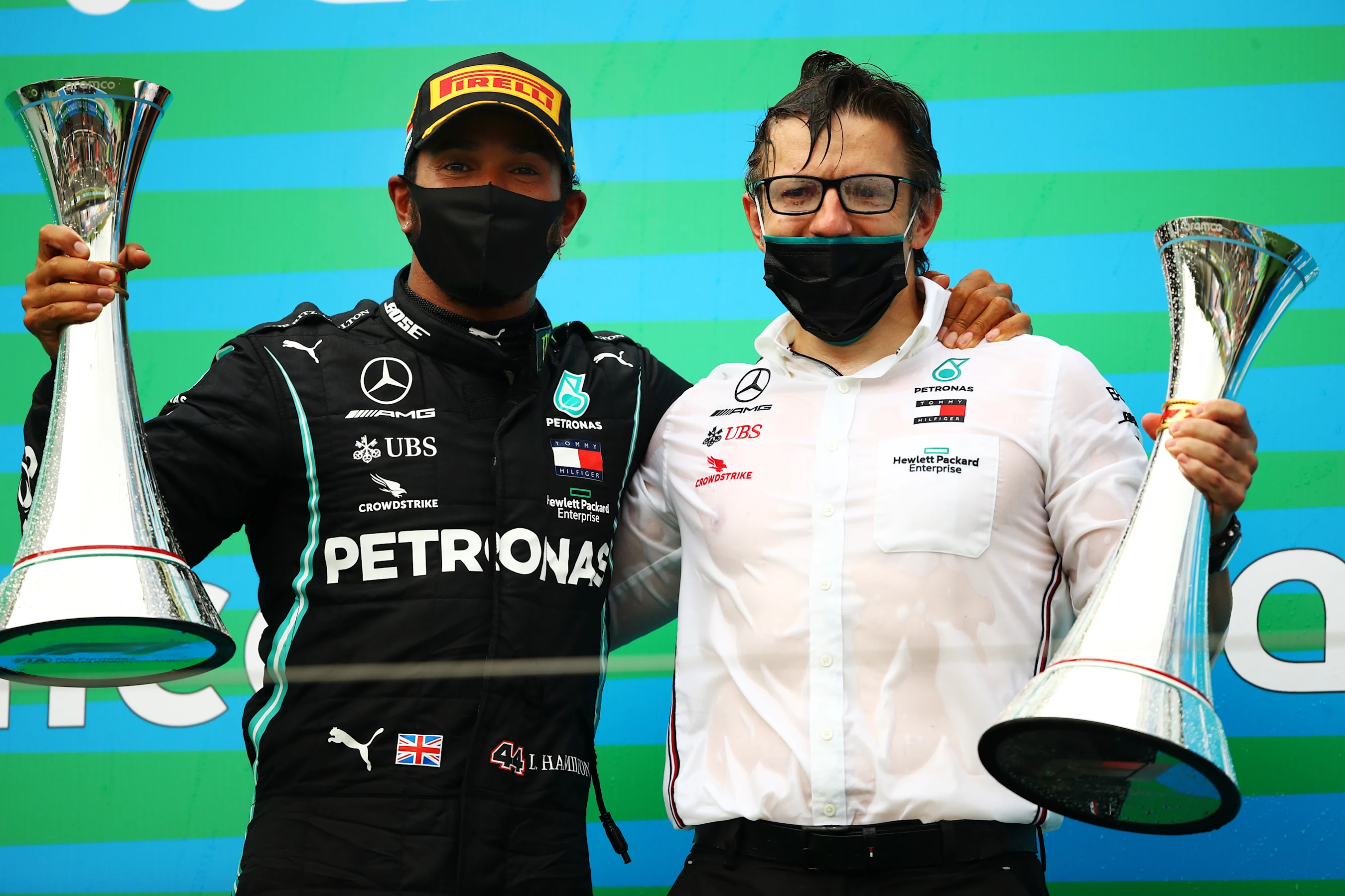 BUDAPEST, HUNGARY - JULY 19: Lewis Hamilton of Great Britain and Mercedes GP celebrates with race