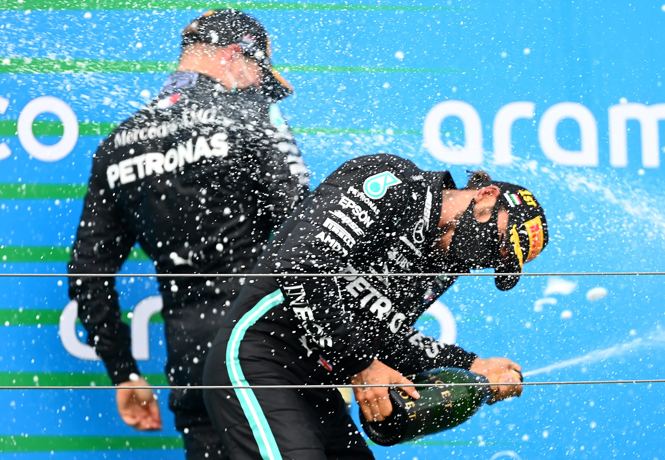 BUDAPEST, HUNGARY - JULY 19: Race winner Lewis Hamilton of Great Britain and Mercedes GP celebrates