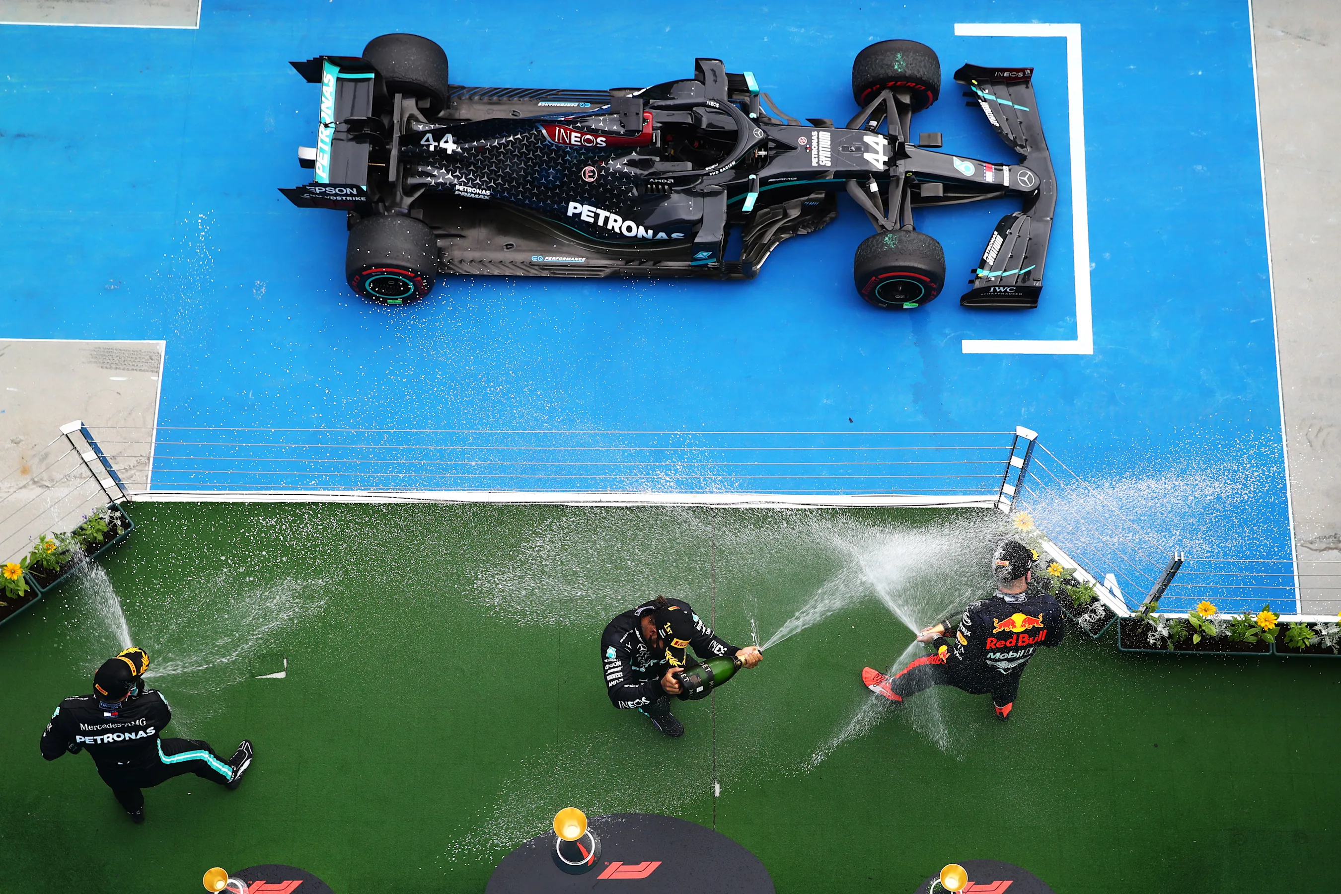 BUDAPEST, HUNGARY - JULY 19: Race winner Lewis Hamilton of Great Britain and Mercedes GP, second