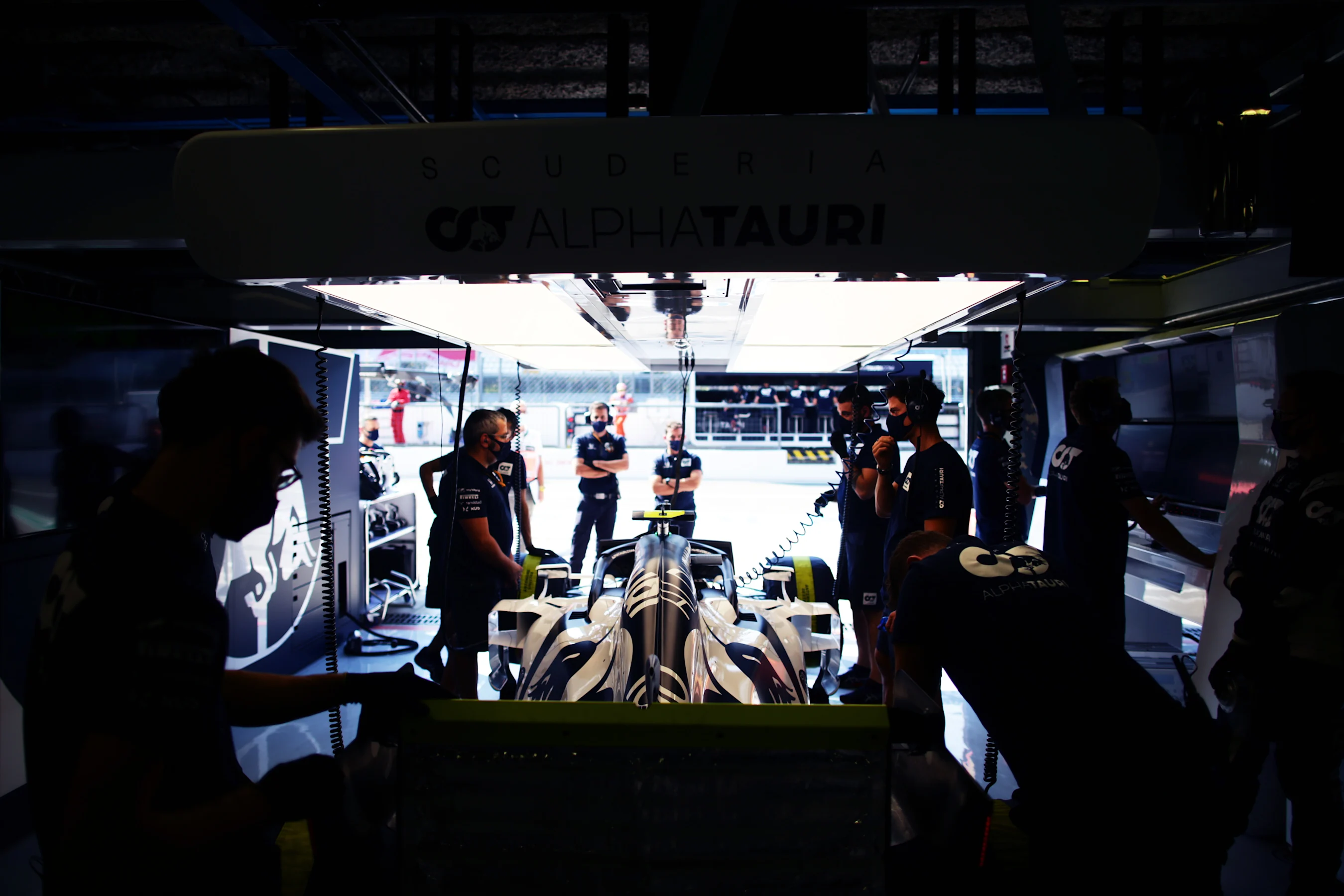 MONZA, ITALY - SEPTEMBER 04: Pierre Gasly of France and Scuderia AlphaTauri waits in the garage