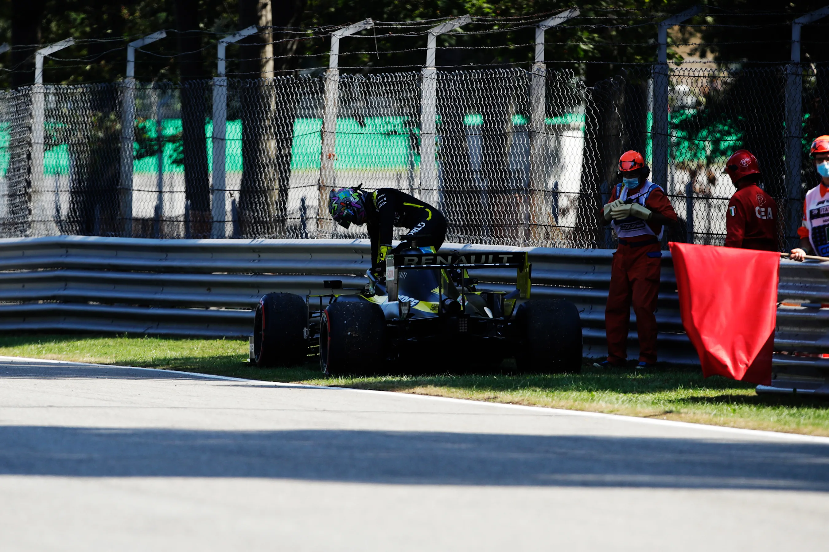 MONZA, ITALY - SEPTEMBER 05: Daniel Ricciardo of Australia and Renault Sport F1 exits his car after