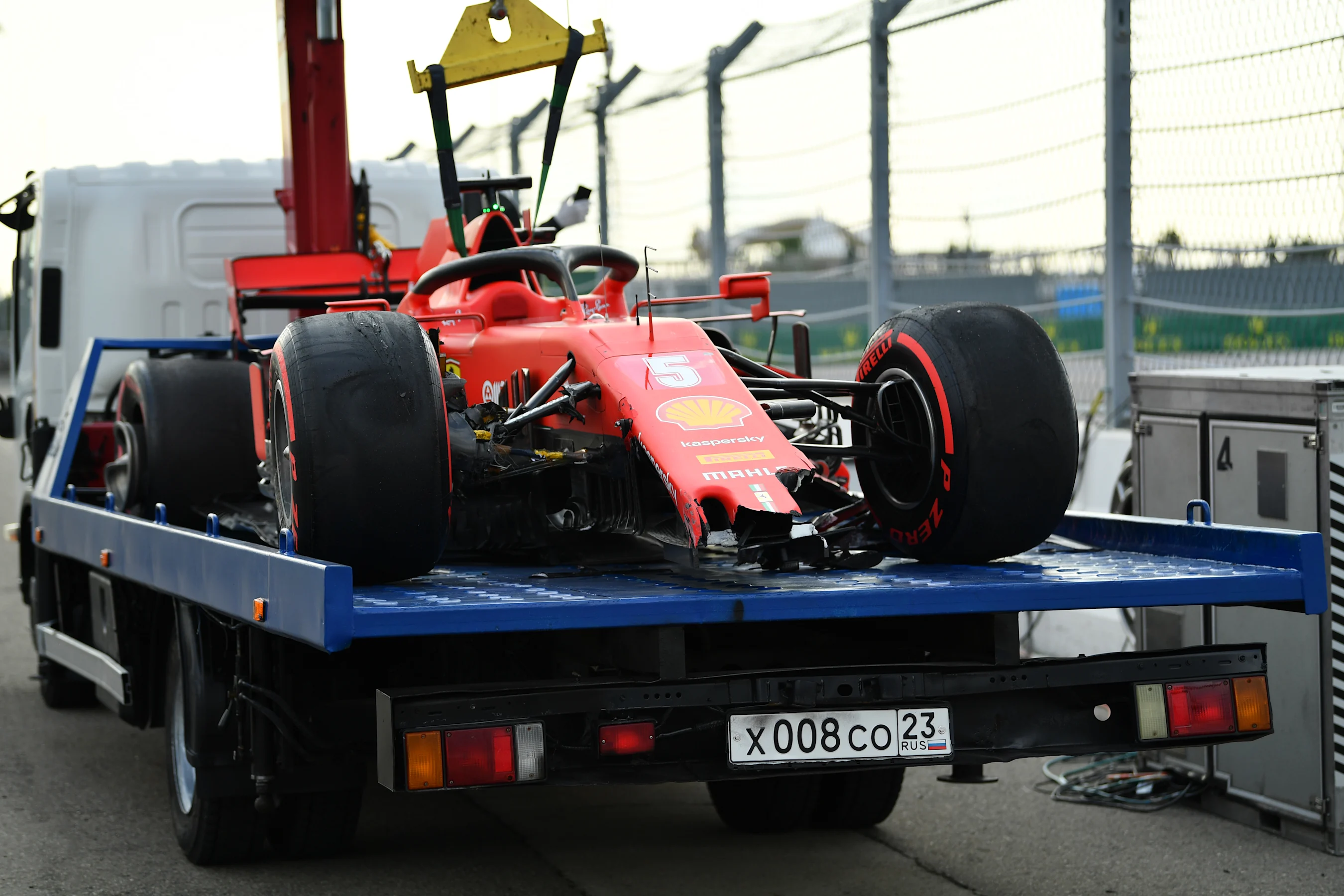 SOCHI, RUSSIA - SEPTEMBER 26: The broken car of Sebastian Vettel of Germany and Ferrari is seen on