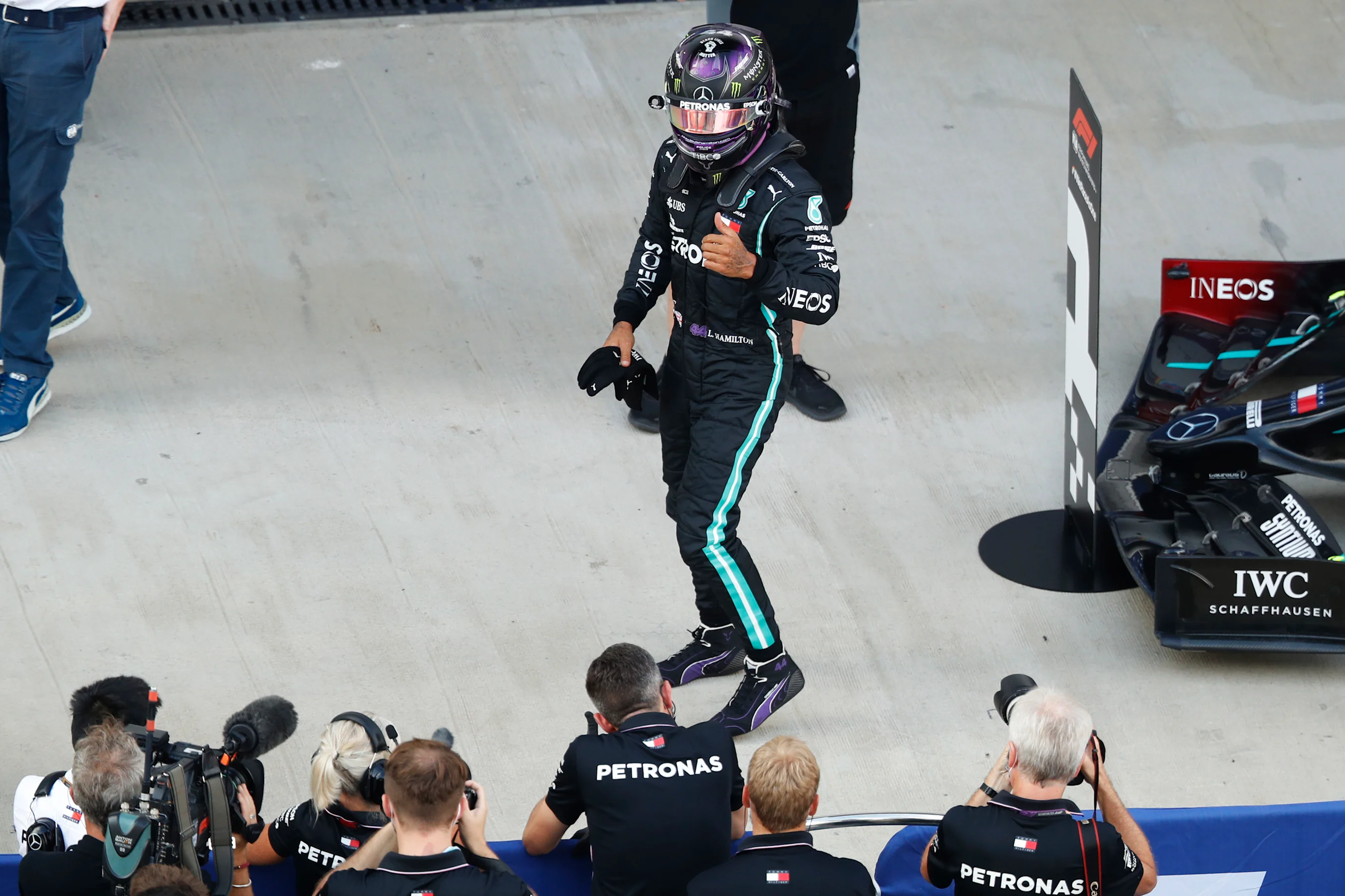 SOCHI, RUSSIA - SEPTEMBER 26: Pole position qualifier Lewis Hamilton of Great Britain and Mercedes