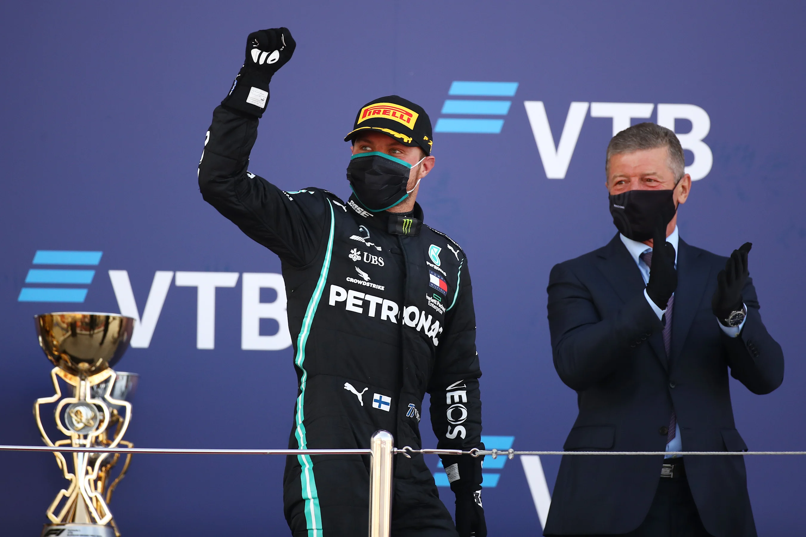 SOCHI, RUSSIA - SEPTEMBER 27: Race winner Valtteri Bottas of Finland and Mercedes GP celebrates on