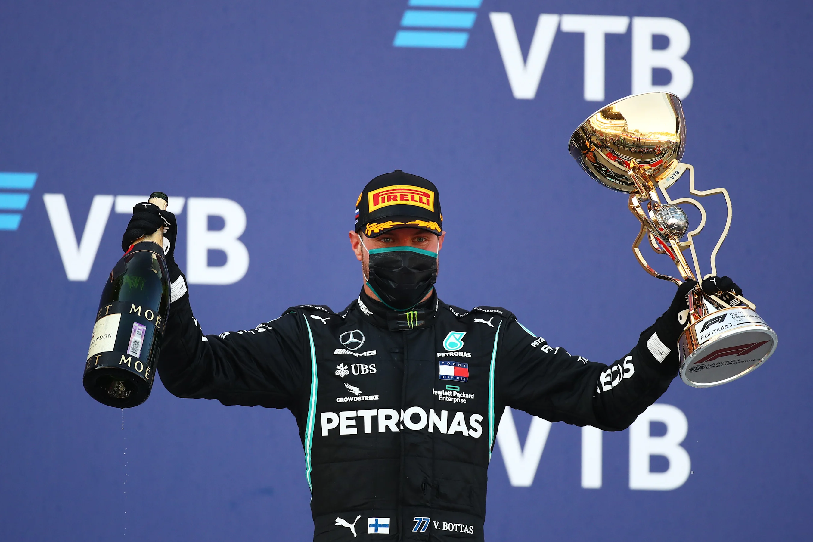 SOCHI, RUSSIA - SEPTEMBER 27: Race winner Valtteri Bottas of Finland and Mercedes GP celebrates on