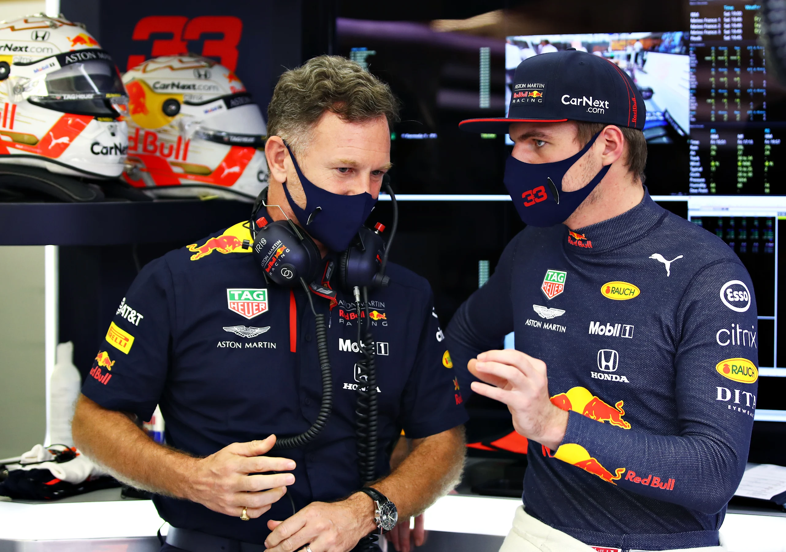 BAHRAIN, BAHRAIN - DECEMBER 05: Red Bull Racing Team Principal Christian Horner speaks with Max