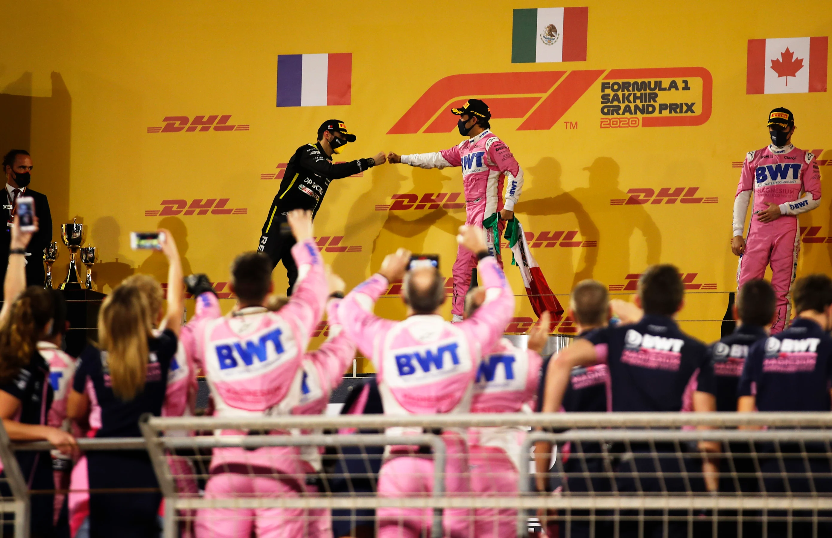 BAHRAIN, BAHRAIN - DECEMBER 06: Race winner Sergio Perez of Mexico and Racing Point and second