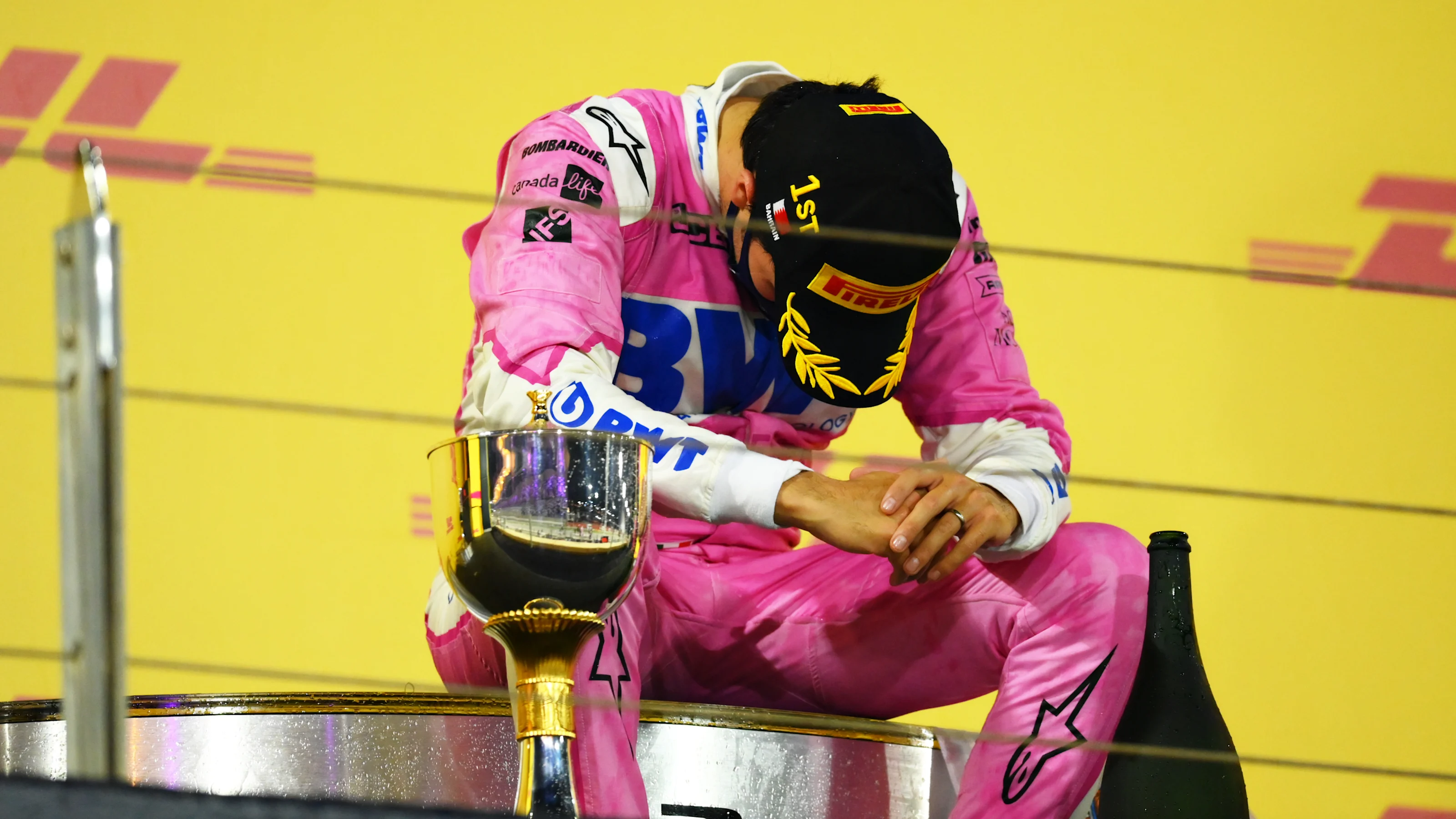 BAHRAIN, BAHRAIN - DECEMBER 06: Race winner Sergio Perez of Mexico and Racing Point celebrates his